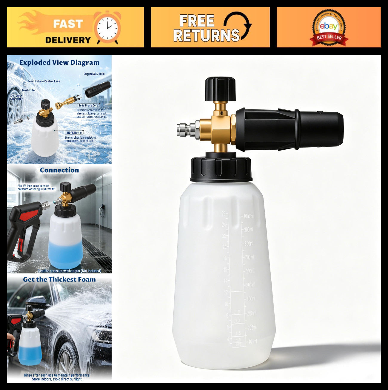 Foam Cannon for Pressure Washer – 1000ml Snow Foam Lance, Adjustable Spray, 1/4″