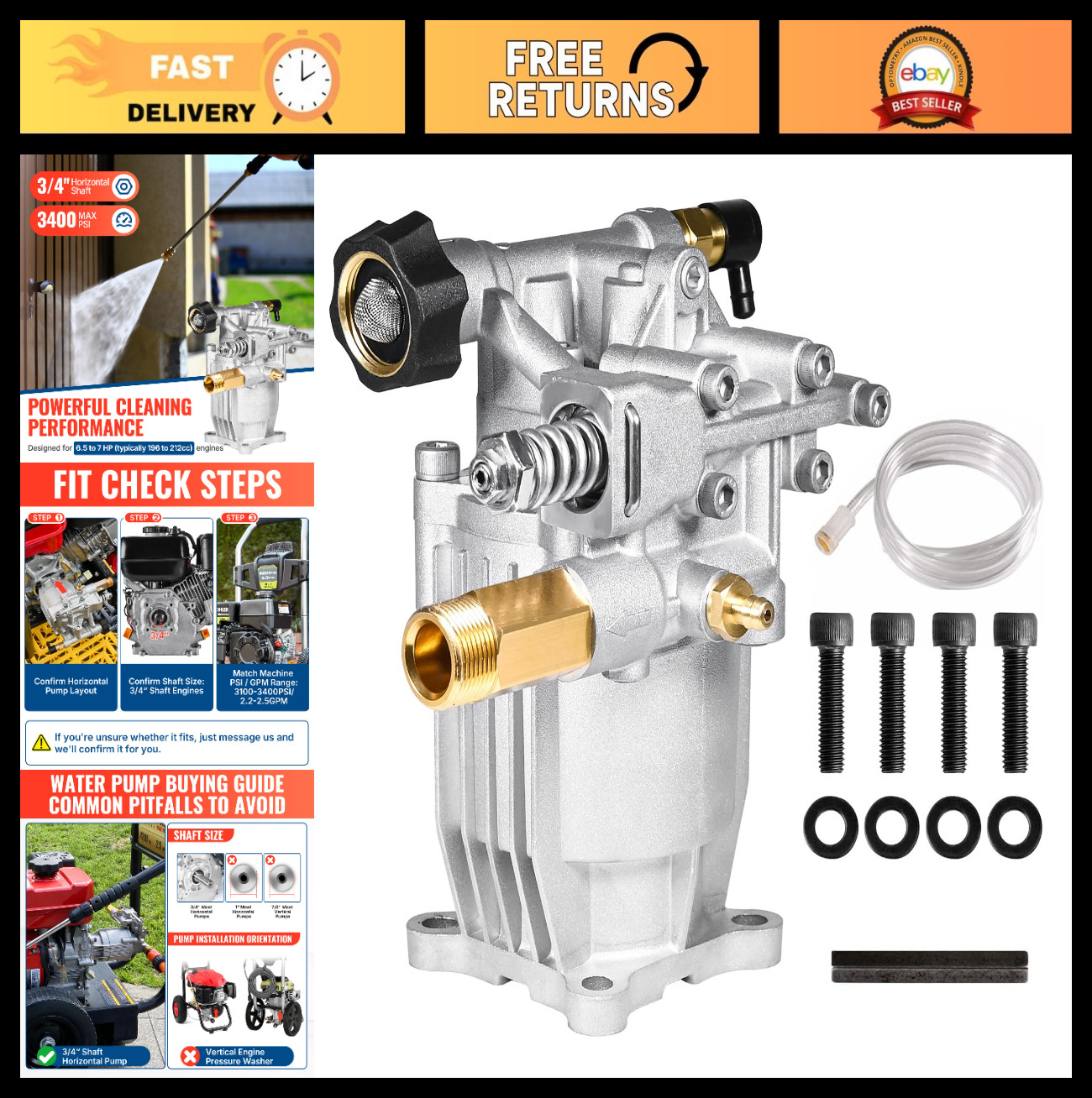 3/4″ Shaft Horizontal Pressure Washer Pump 3400 PSI 2.5 GPM Replacement for Powe