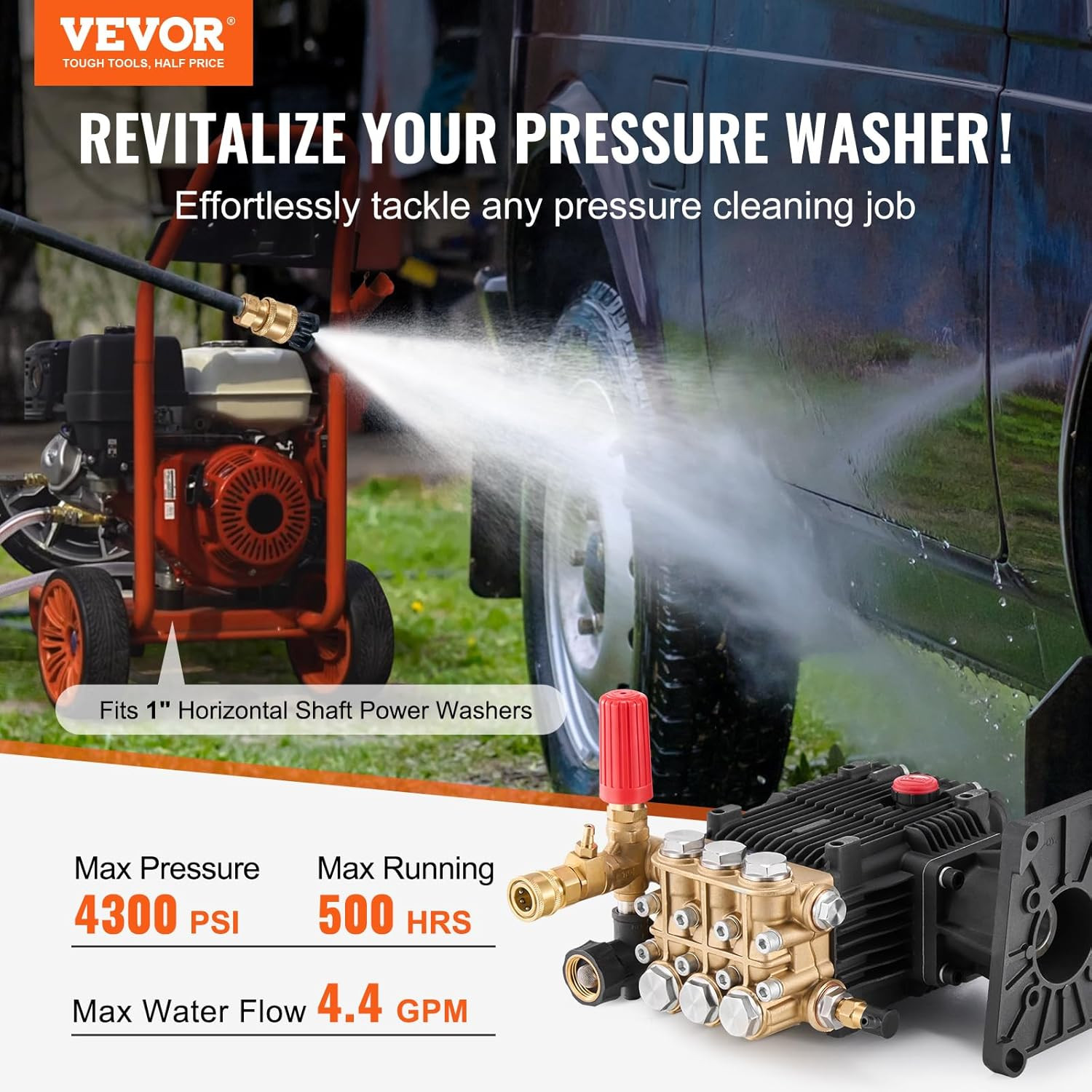 Pressure Washer Pump, 1″ Shaft Horizontal Triplex Plunger, 4300 PSI, 4.4GPM, Rep