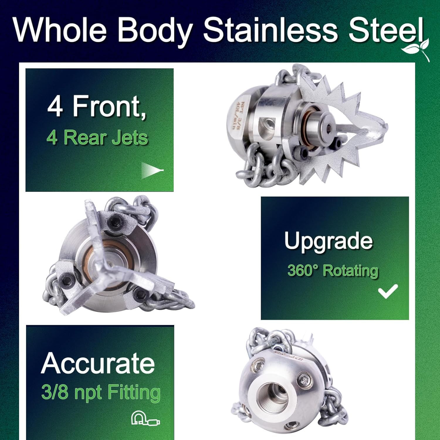 3/8 NPT Sewer Jetter Rotating Nozzle – Cutting Roots, for 2900 Psi, 40L/Min (10.
