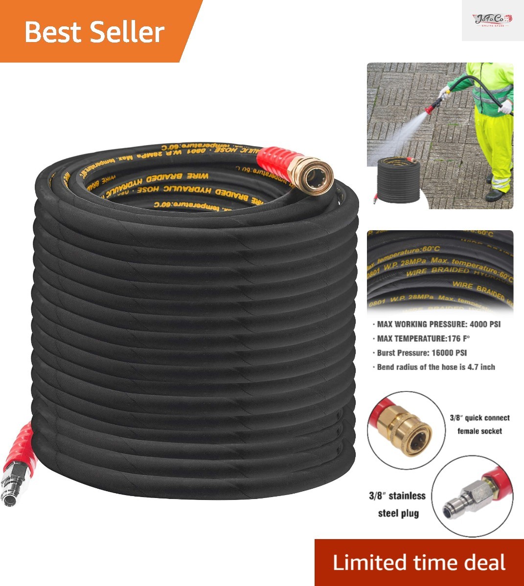 Versatile 50FT Power Washer Hose – 3/8 Quick Connect, Ideal for Home & Business