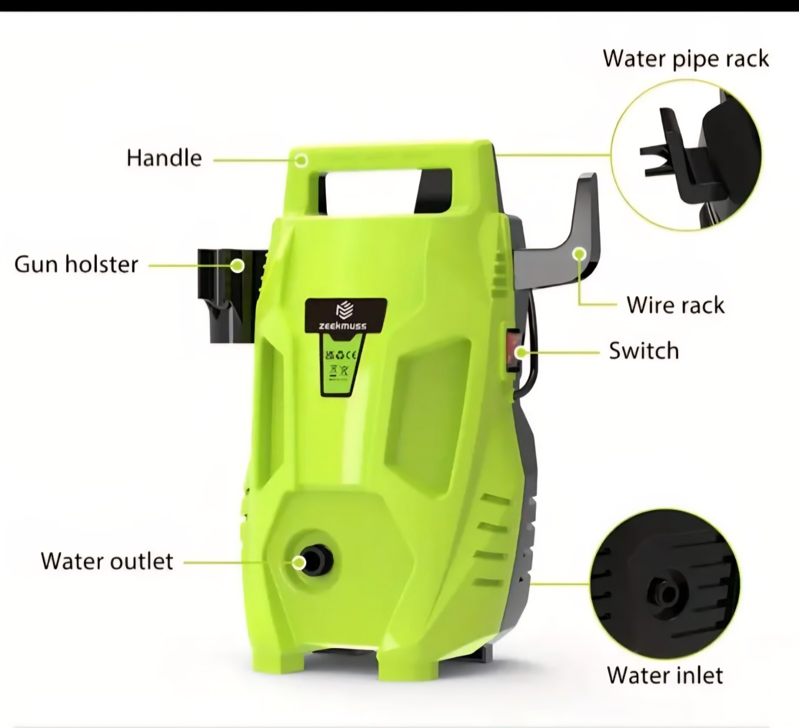 Zeckmuss Green Corded Electric Pressure Washer with Gun, Hose, Connectors