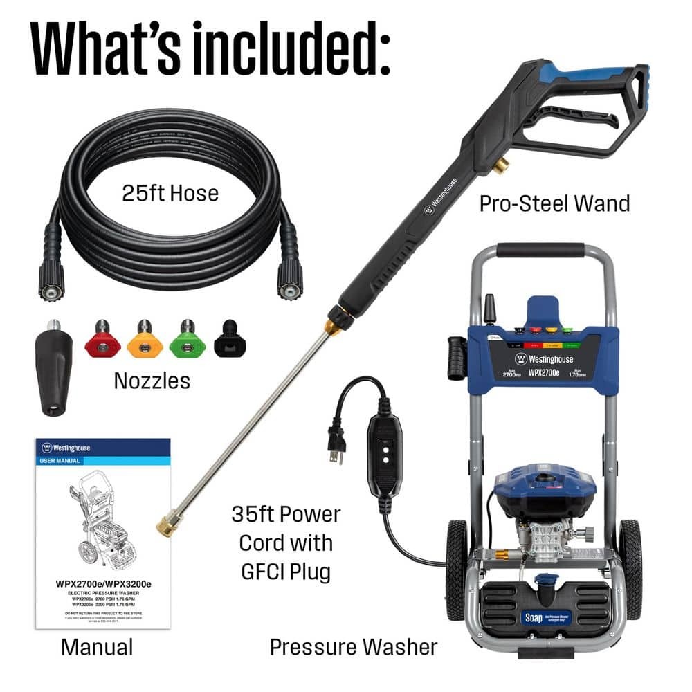 Electric Pressure Washer 2700 PSI 1.76 GPM with Turbo Nozzle, 5 Tips