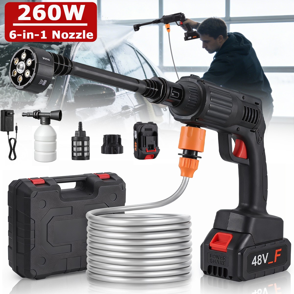 6 in 1 Portable Cordless Electric High Pressure Water Spray Gun Car Washer Clean