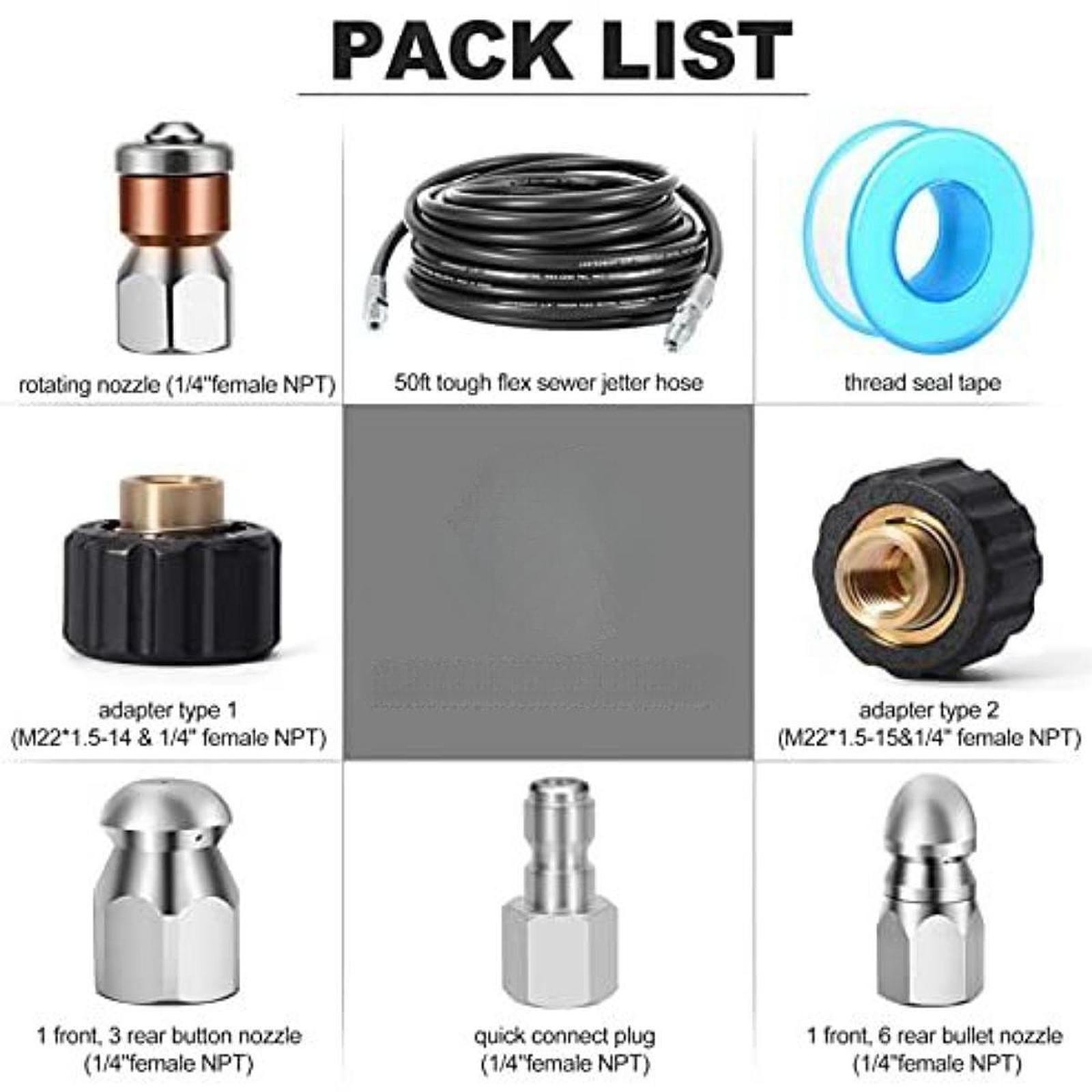 Sewer Jetter Kit Pressure Washer Hose Easy to Install 1/4 inch NPT Sewer Jetting