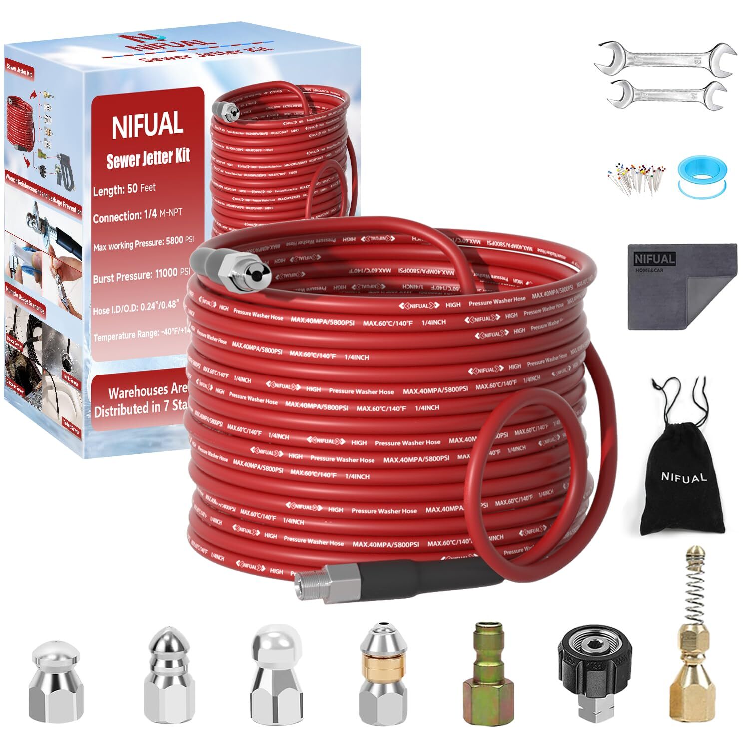 Pressure Washer Cleaning Kit Sewer Jetter Kit For 1/4 Inch Npt Corner Max Workin