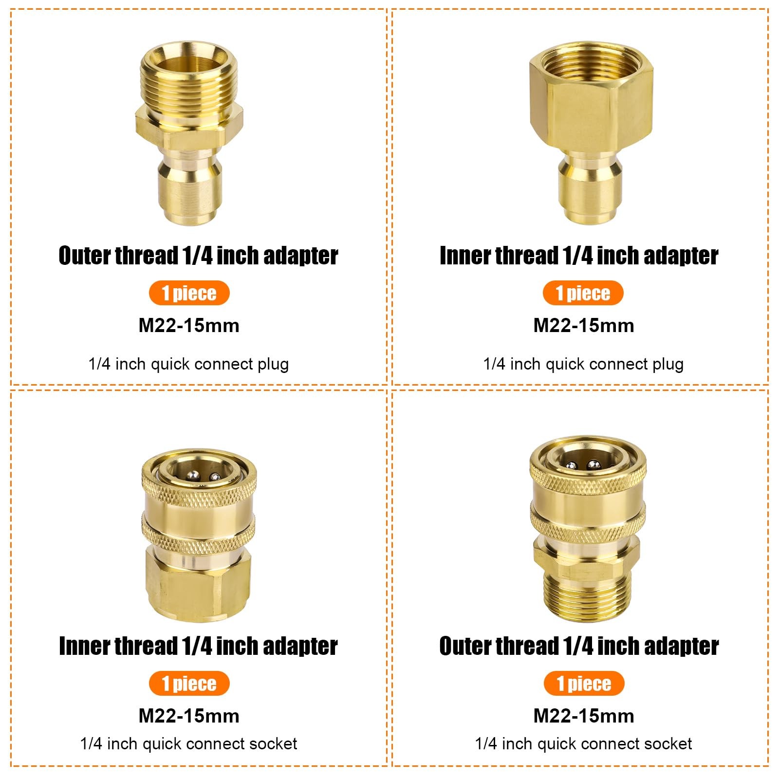M2215mm To 1/4 Inch Pressure Washer Adapter Set Quick Connect Kit 4 PCS