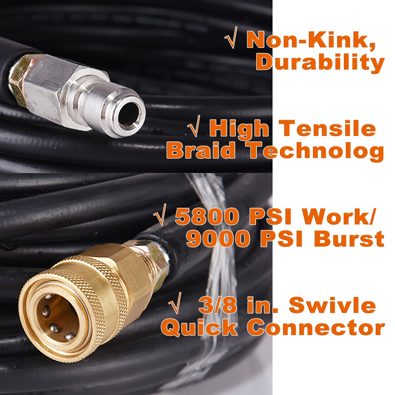 25ft Replacement/Extension Hose w/ 3/8 In QC Connection 5800PSI Pressure Washer