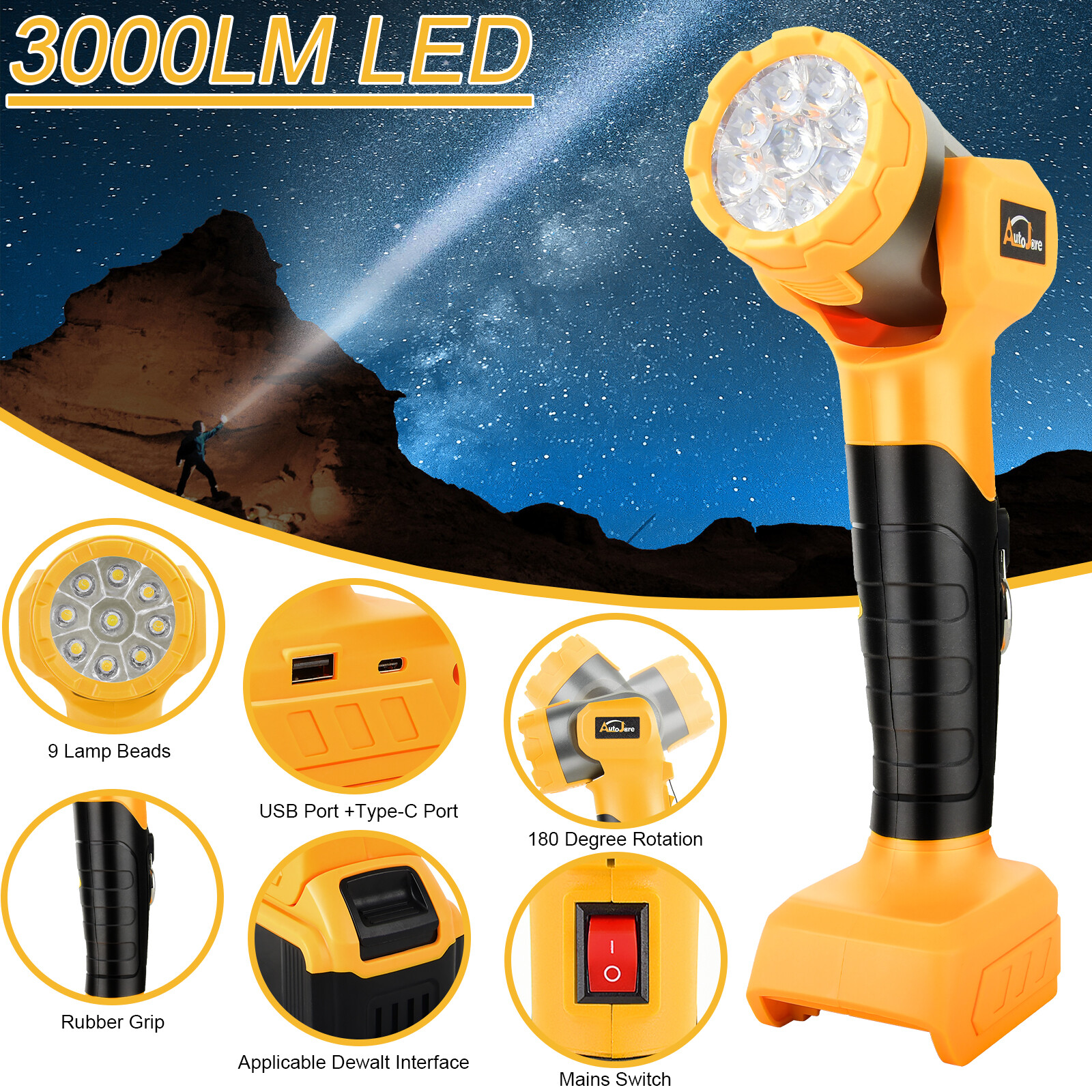 For DeWALT LED 20V 20Volt MAX Cordless LED Pivoting Work Light Flashlight TOOLS