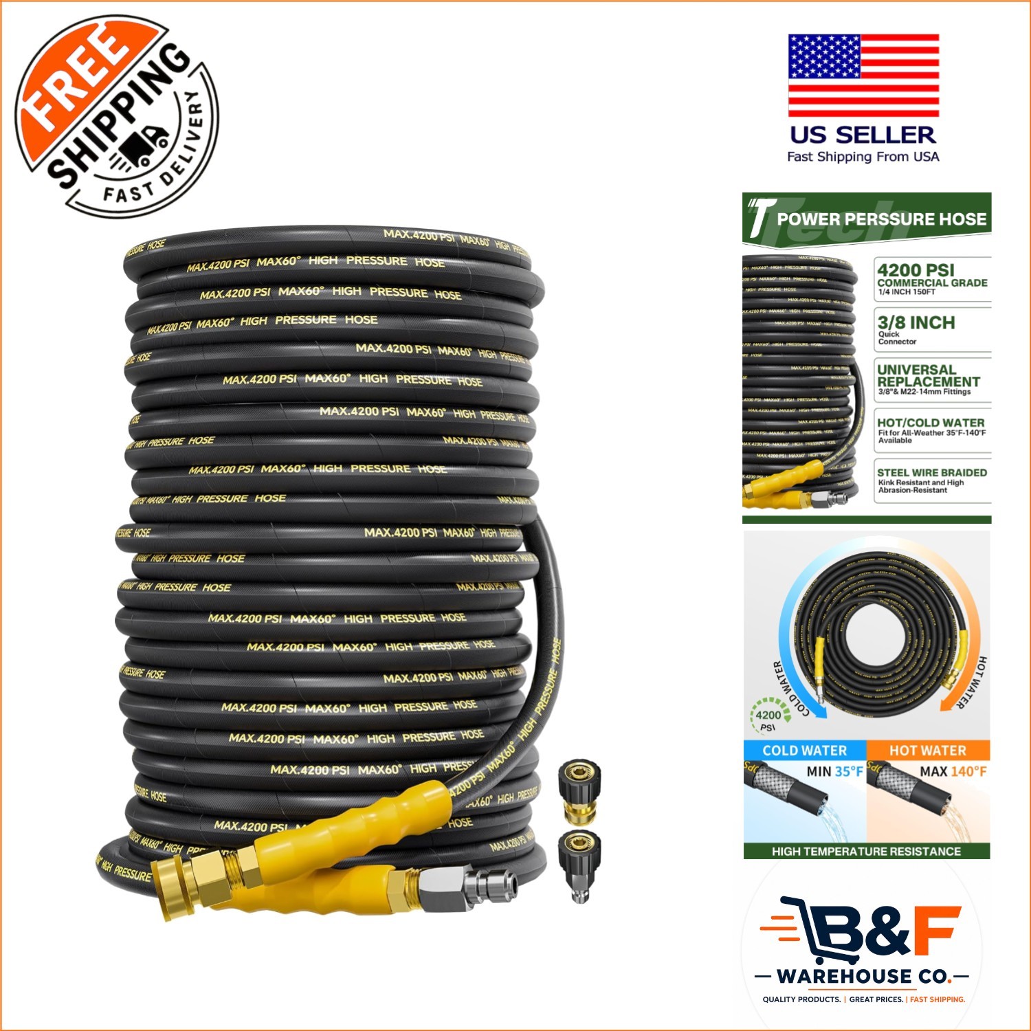 150FT 4200 PSI Commercial Grade Pressure Washer Hose with Quick Connect Fittings