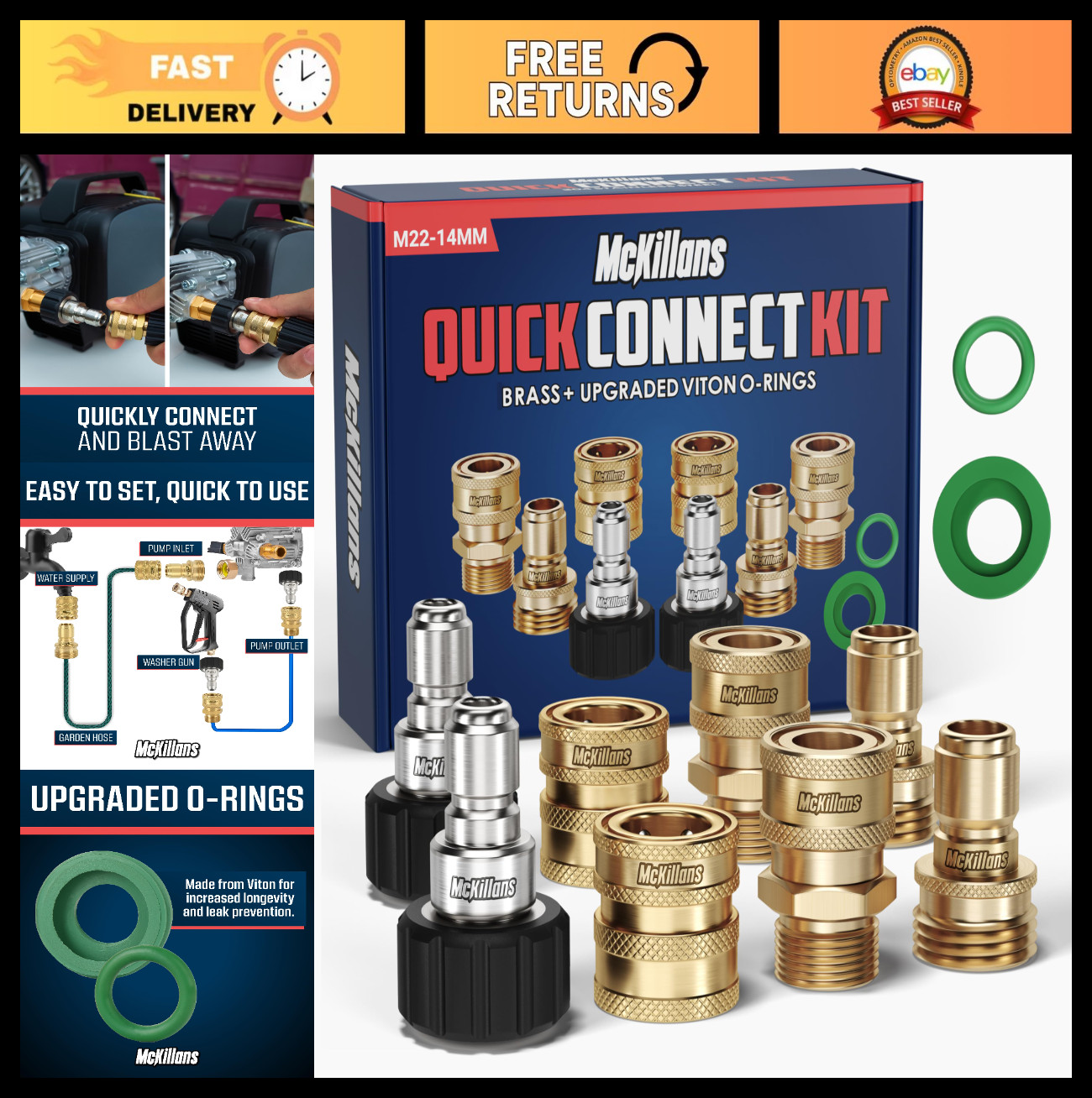Pressure Washer Quick Connect Kit M22-14mm to 3/8″ Male Female Brass Adapter