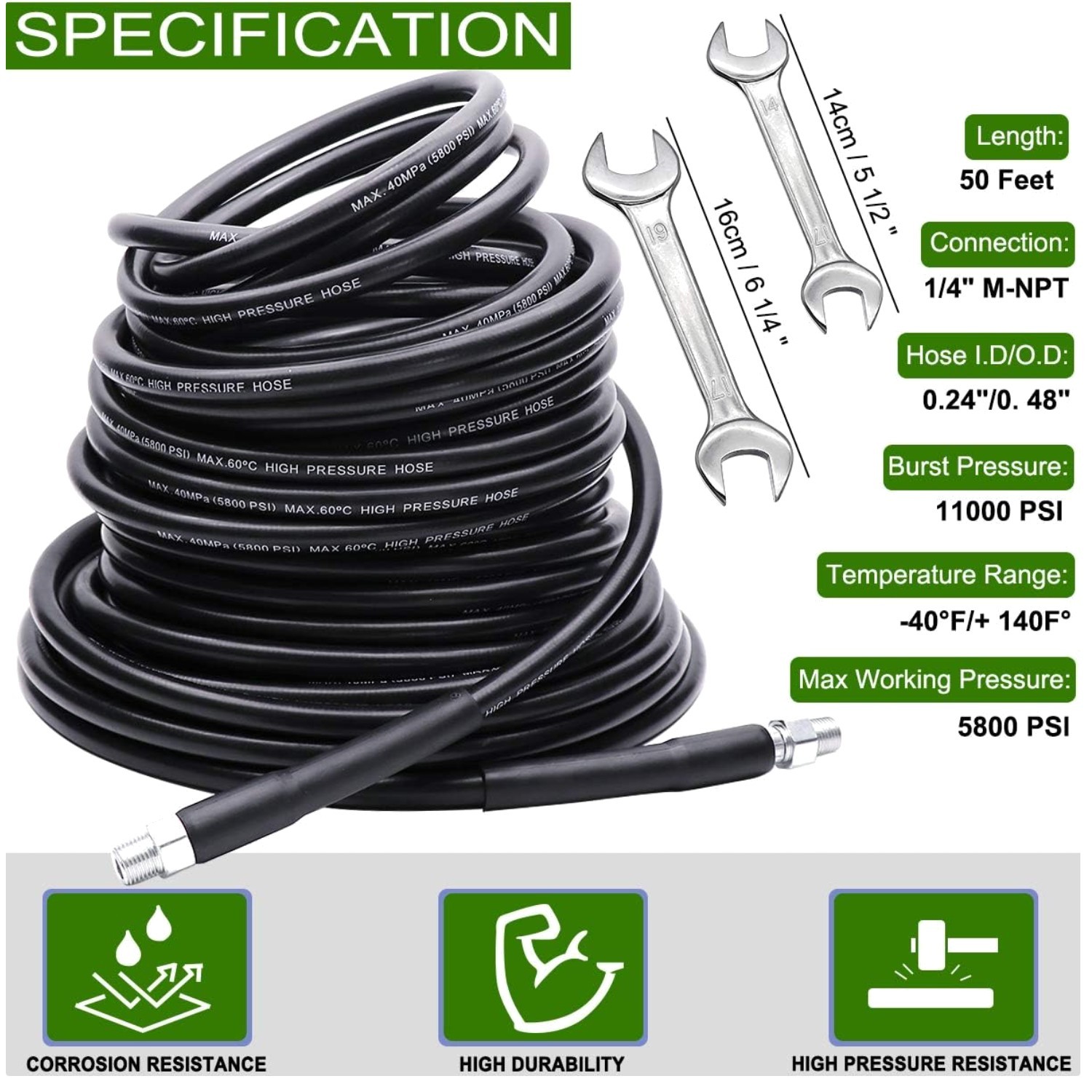 Sewer Jetter Kit for Pressure Washer – 50FT Hose, 5800PSI