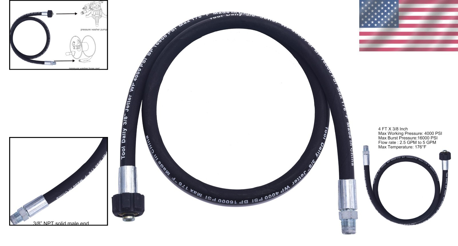 Flexible 4 FT Pressure Washer Whip Hose with Steel-Wire Braid for Heavy Use