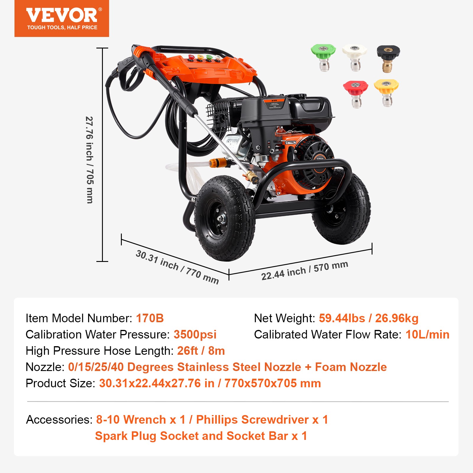 VEVOR Gas Pressure Washer 3500 PSI 2.6 GPM Gas Power Washer with 5 Nozzle Set