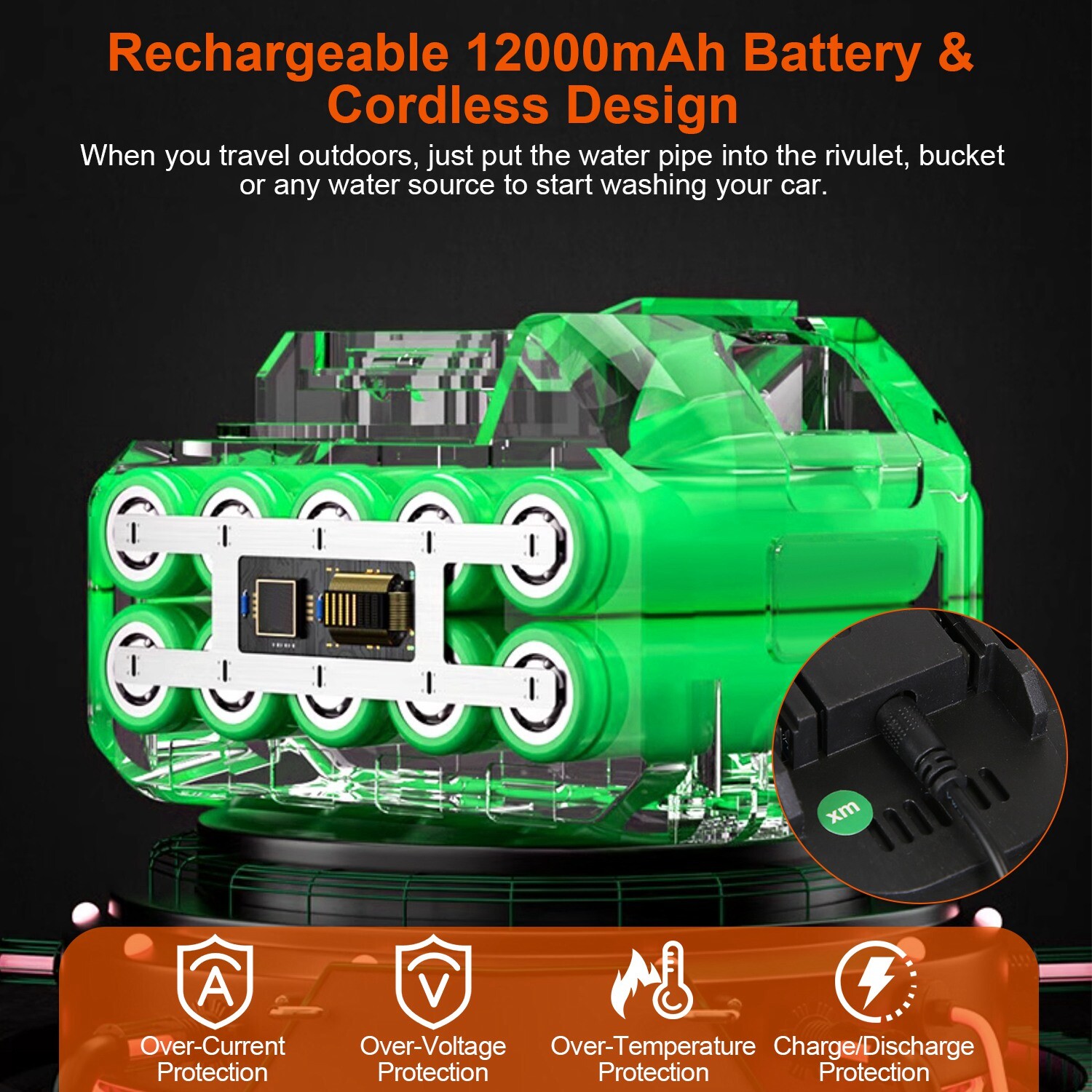 12000mAh Cordless High Pressure Car Washing Gun Pressure Washer Gun w/ 2 Nozzles