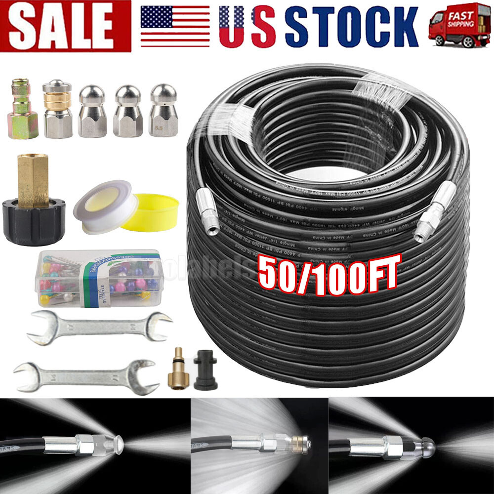 5800PSI 100FT Sewer Jetter Nozzles Kit Drain Cleaning Hose for Pressure Washer