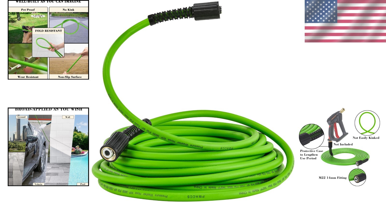25FT Flexible Power Washer Hose, 3600 PSI – Apple Green M22 Fittings Included