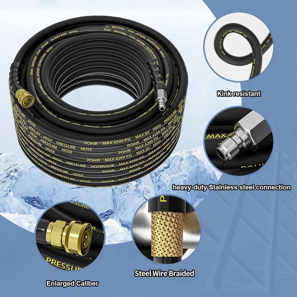 High Pressure Washer Hose 25FT x 1/4 inch – 16000 PSI Burst with Quick Connect