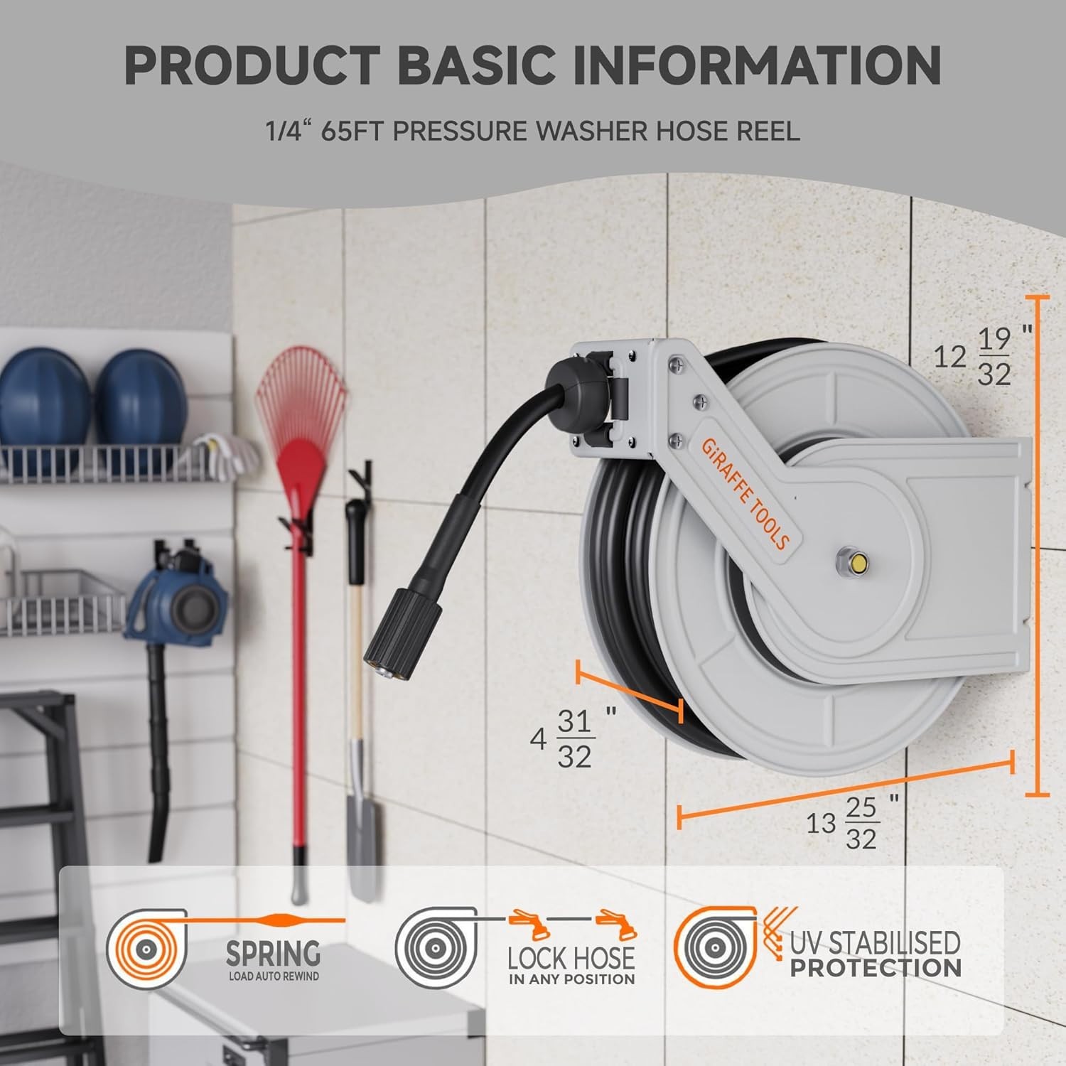 Giraffe Tools Retractable Power Pressure Washer Hose Reel Wall Mount 60/65FT