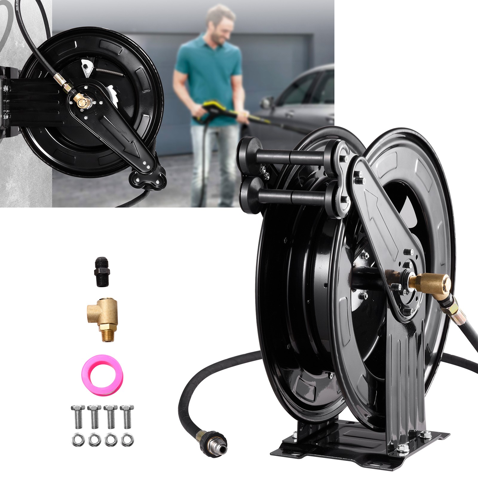50FT x 3/8″ Auto-Retractable Pressure Washer Hose Reel, Heavy Duty Double Arm