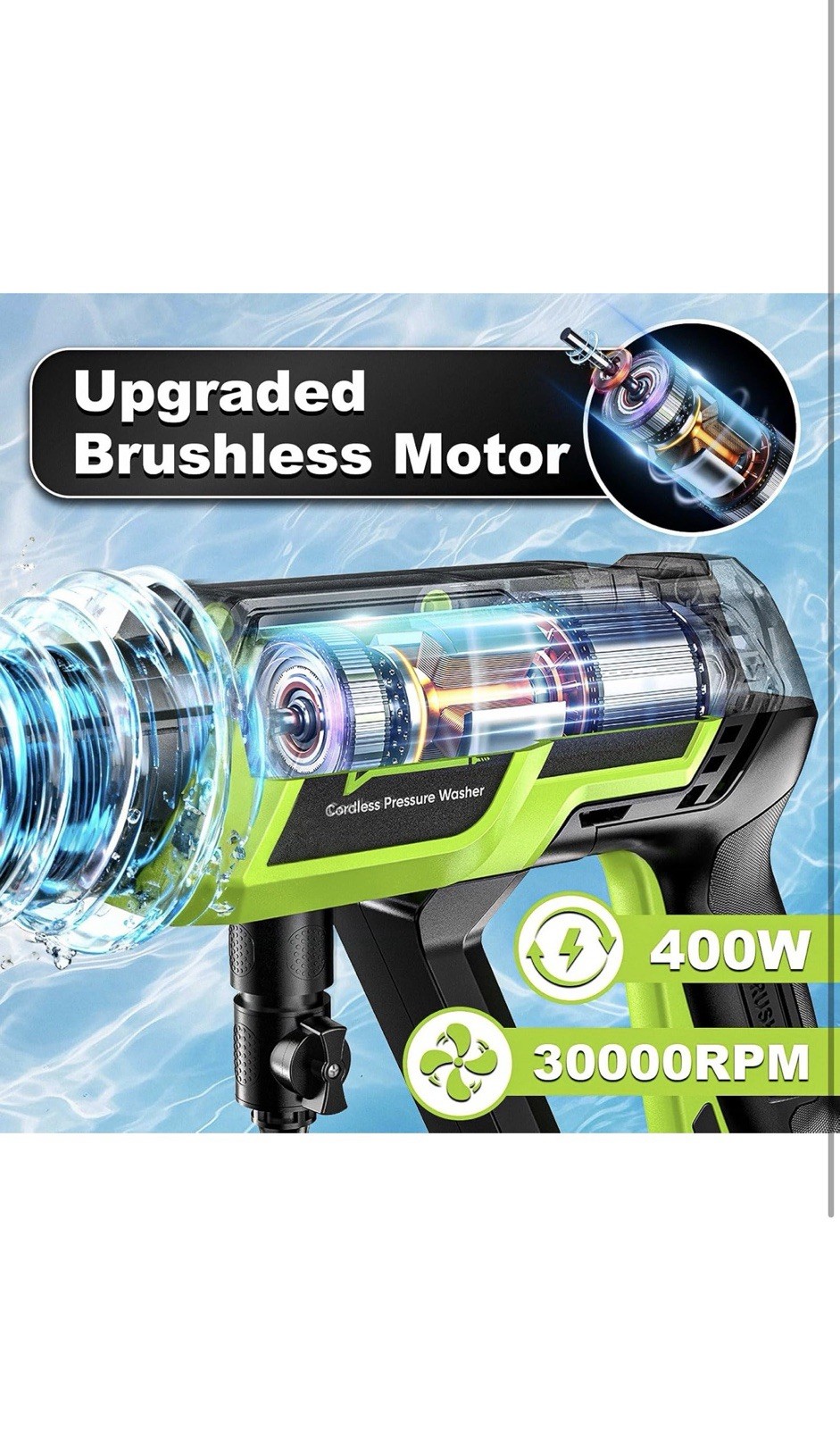 Cordless Pressure Washer – 1500PSI 2.6GPM, 400W Brushless Motor, 2X4000Mah Batte