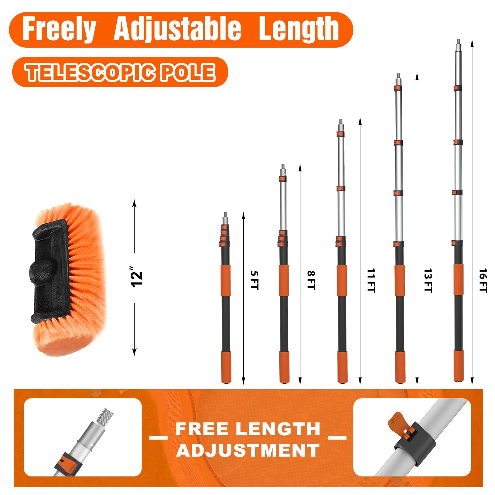 SISUPASSIE 16FT Car Wash Brush with Long Handle, Cleaning 16FT, Orange