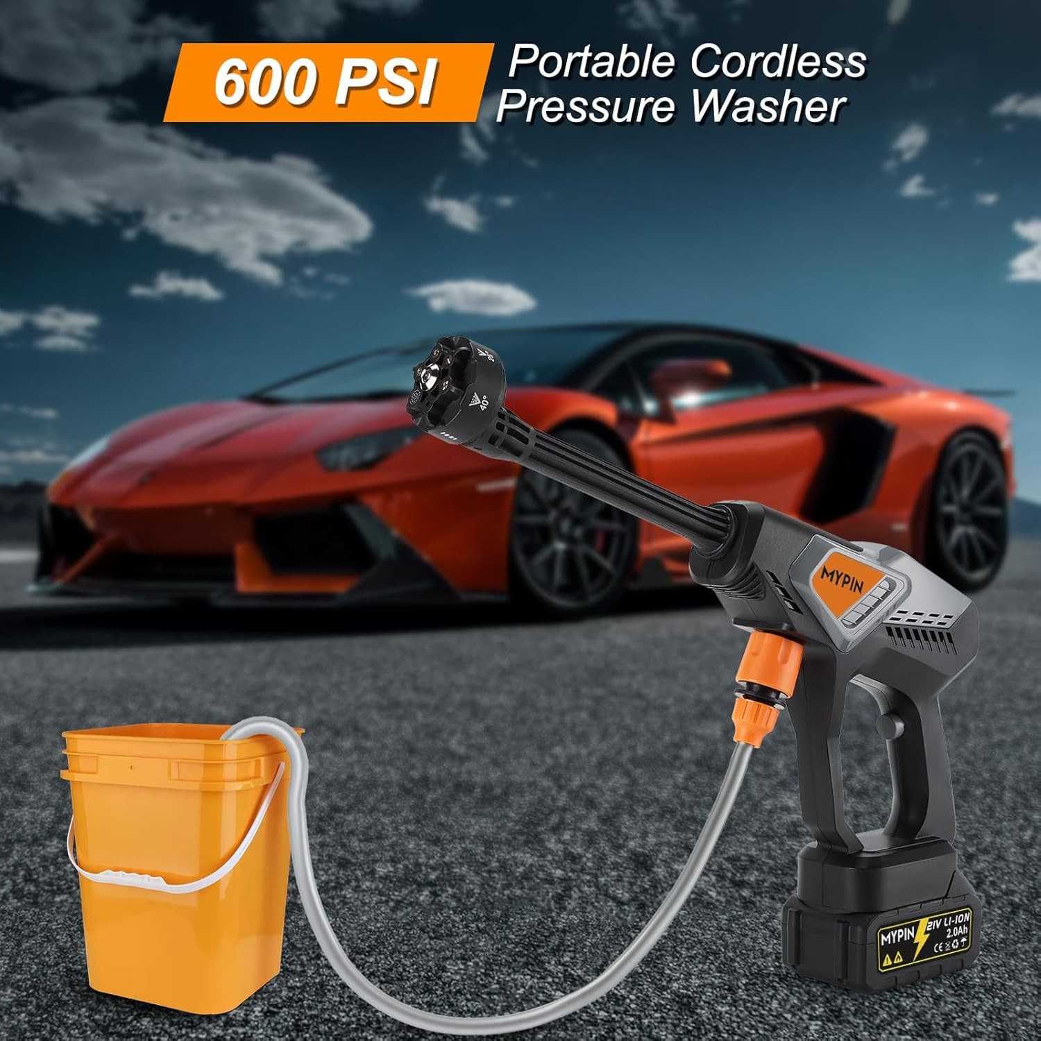 Portable Cordless Pressure Washer 600 PSI 21V w/ 2 Batteries & 6-in-1 Nozzle