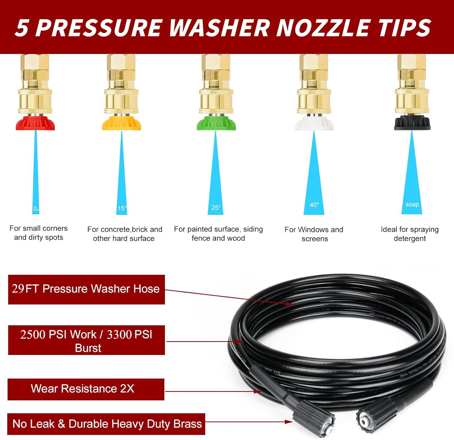 1/4″ High Pressure Washer Gun 4000 PSI Car Wash Spray Gun Wand 5 Nozzle Hose