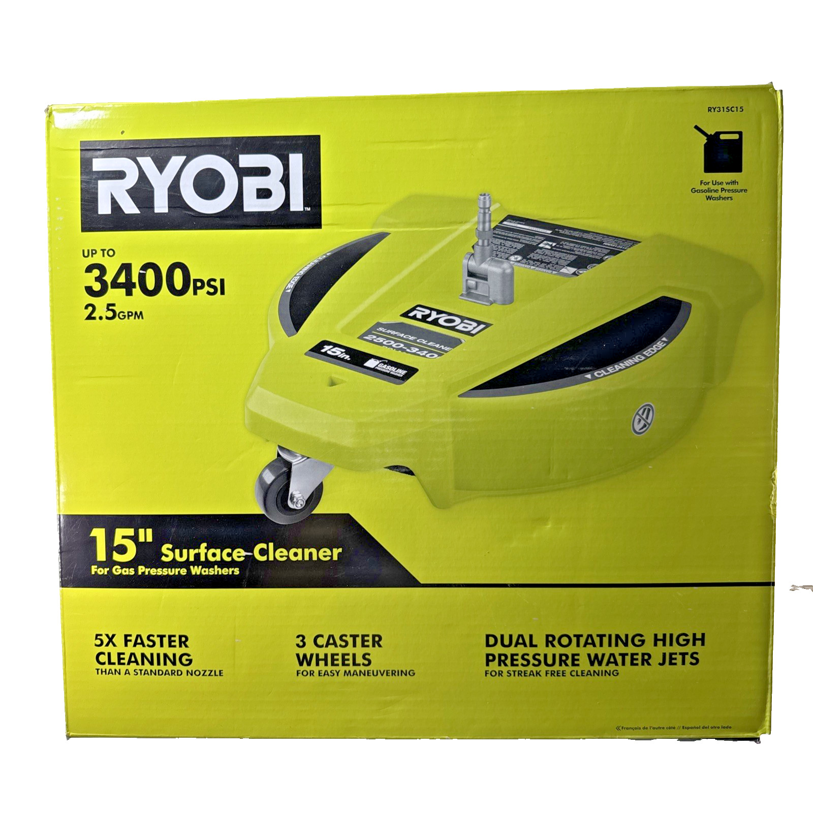 NOS RYOBI 15in. 3400PSI Gas Pressure Washer Surface Cleaner on Wheels RY31SC15