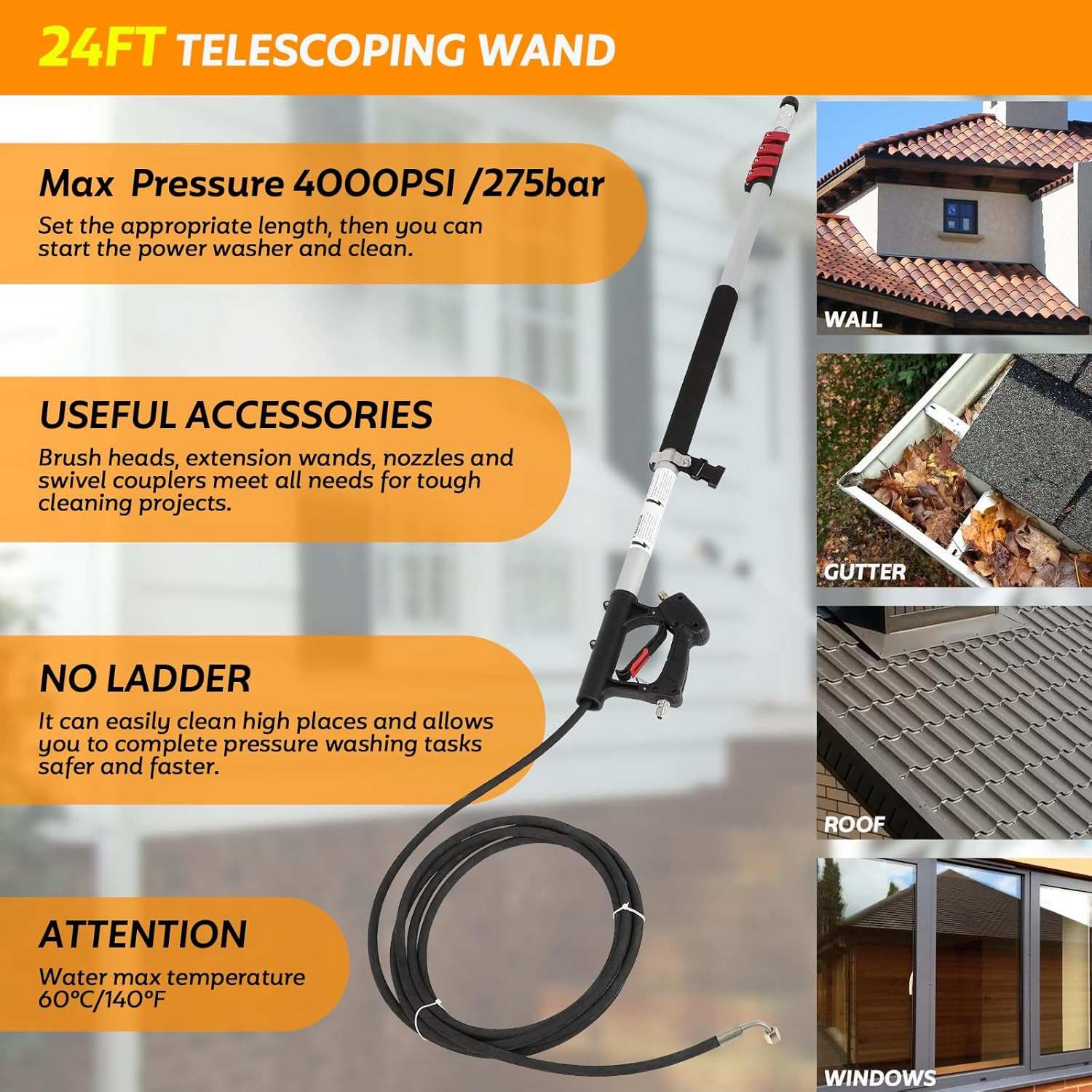 Telescoping Pressure Washer Wand, 24FT Power Washer Extension Wand with 7 Spray