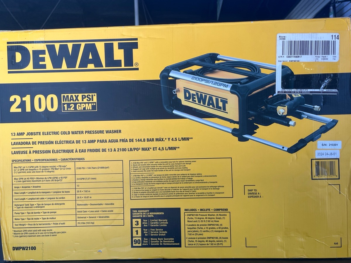 DEWALT PRESSURE WASHER DWPW2100 NIB (PD3047411)