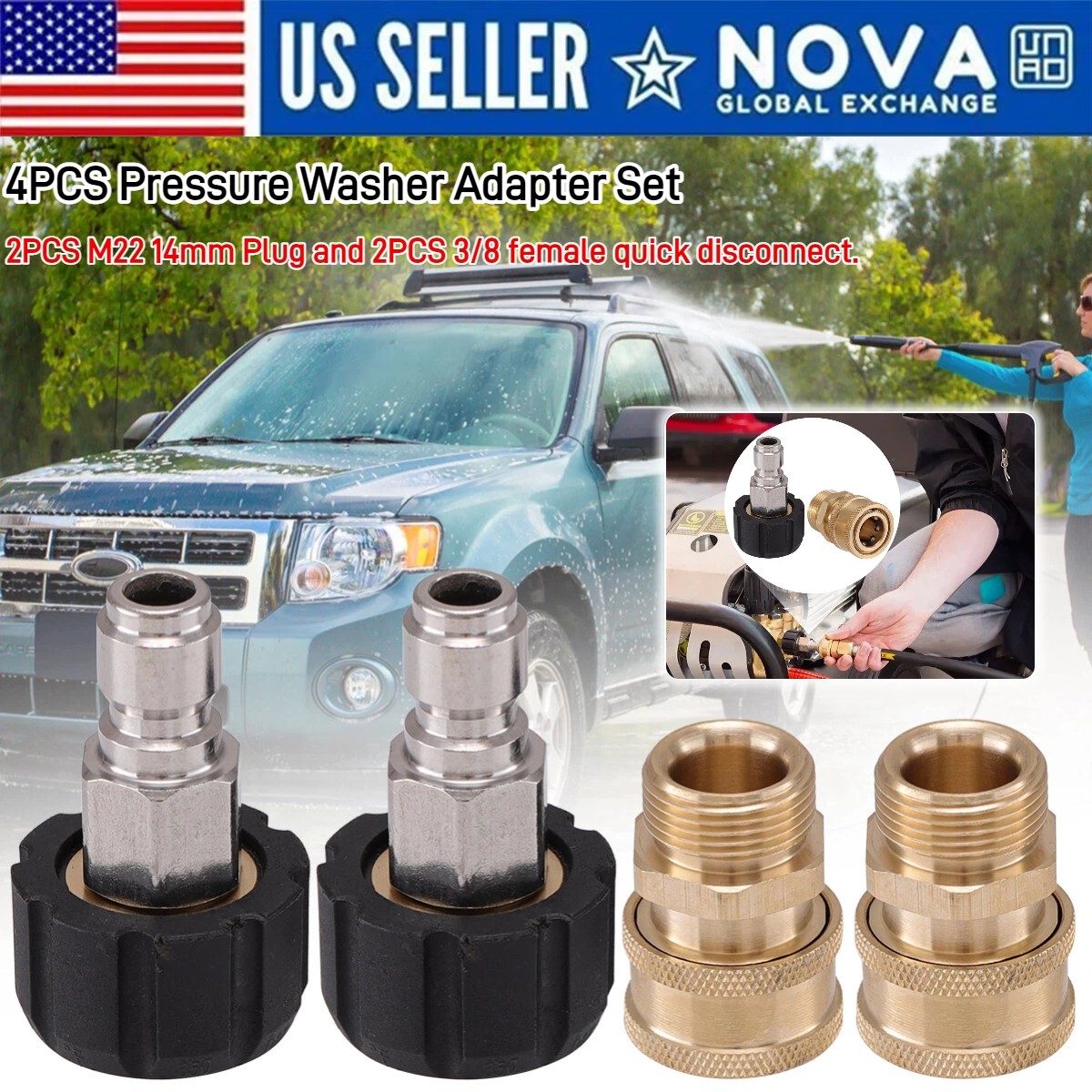 4PCS Pressure Washer Adapter Set Quick Disconnect M22 Swivel to 3/8” Connect