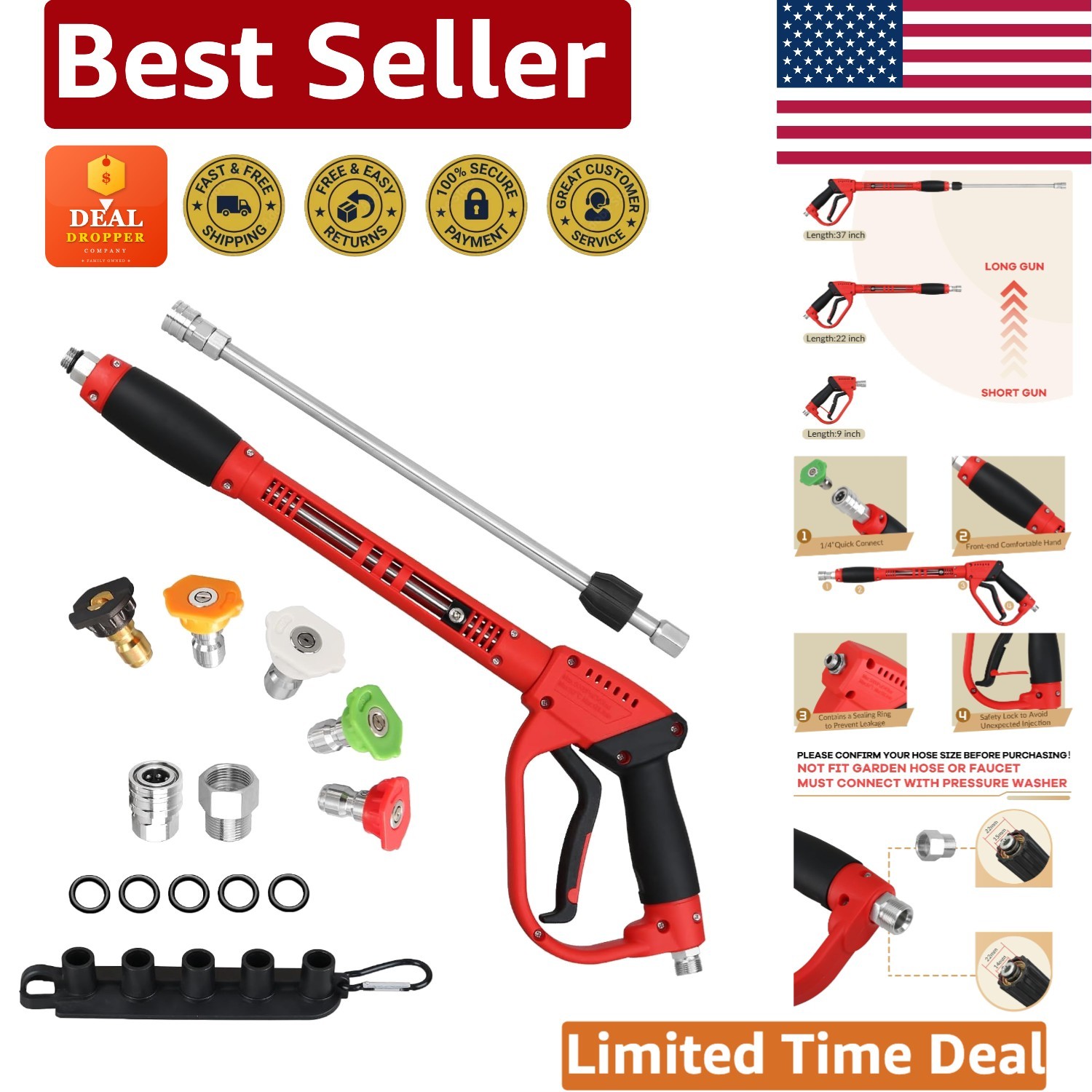 5000 PSI Pressure Washer Gun with Extension Wand and 5 Nozzle Tips – M22 Fitting