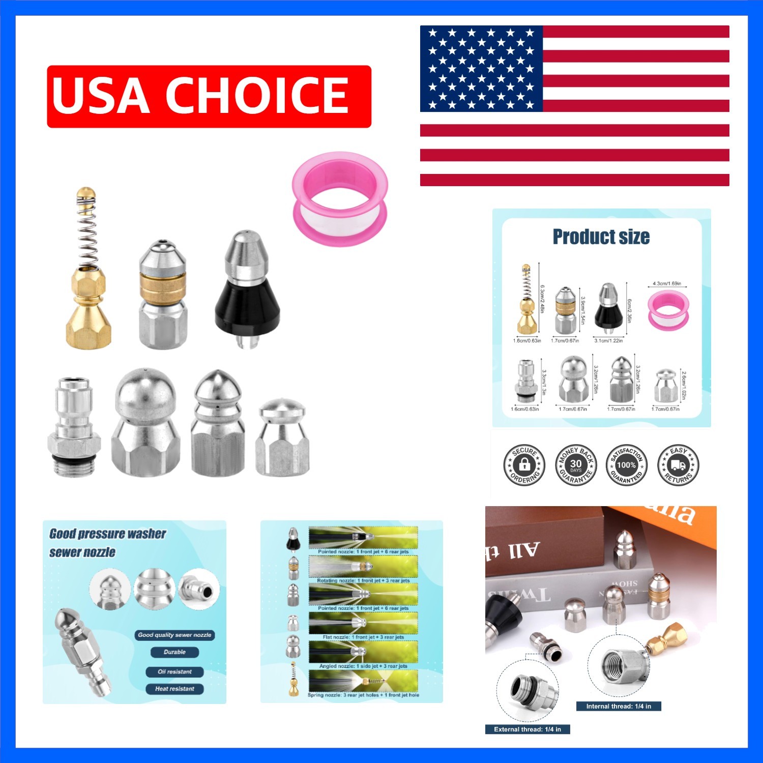 8pcs Sewer Jetter Nozzle Kit with 1/4″ NPT Quick Connectors & Tape, Stainless…