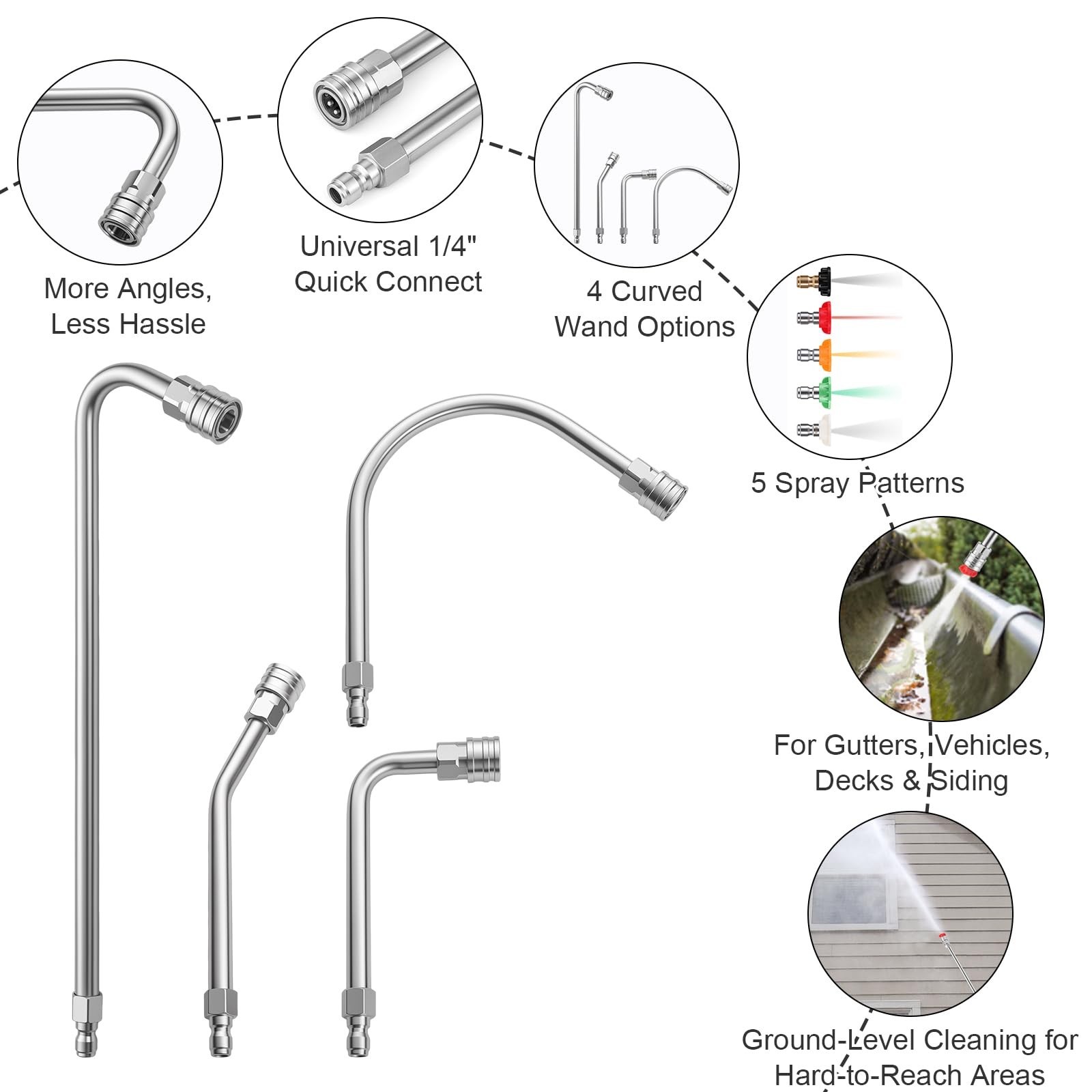 4000 PSI Pressure Washer Extension Wand – 4 Curved Stainless Steel Rods & 5 Nozz