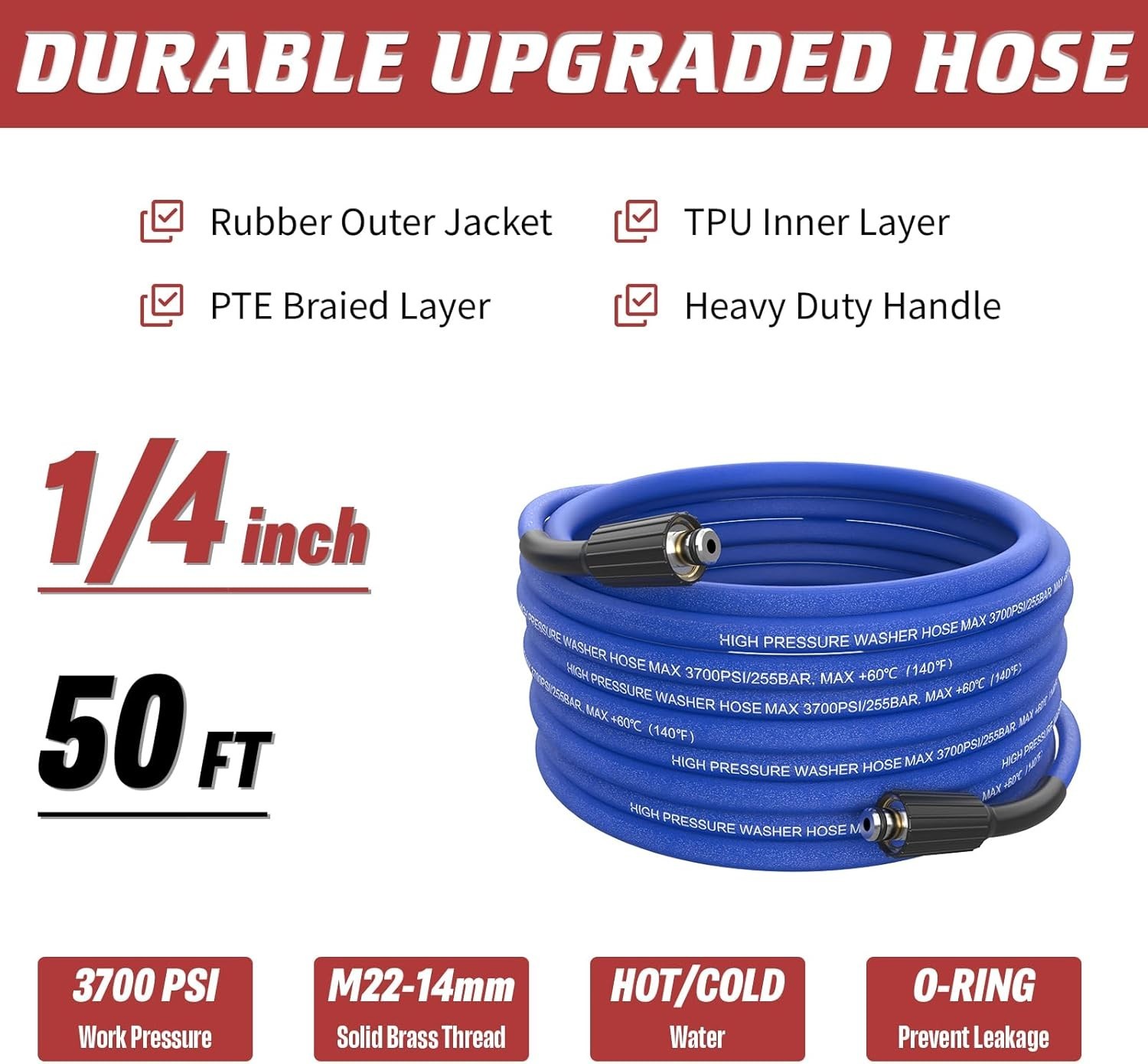 25 FT Pressure Washer Hose – 3700 PSI Super Flexible & Kink-Resistant Design