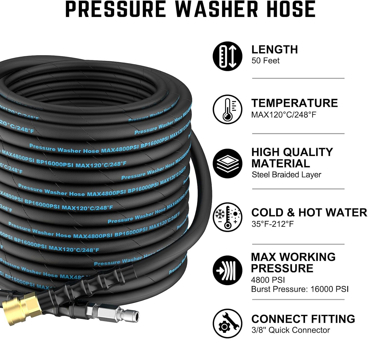 50 Ft Pressure Washer Hose with Quick Connector, 4800 PSI Kink Resistant