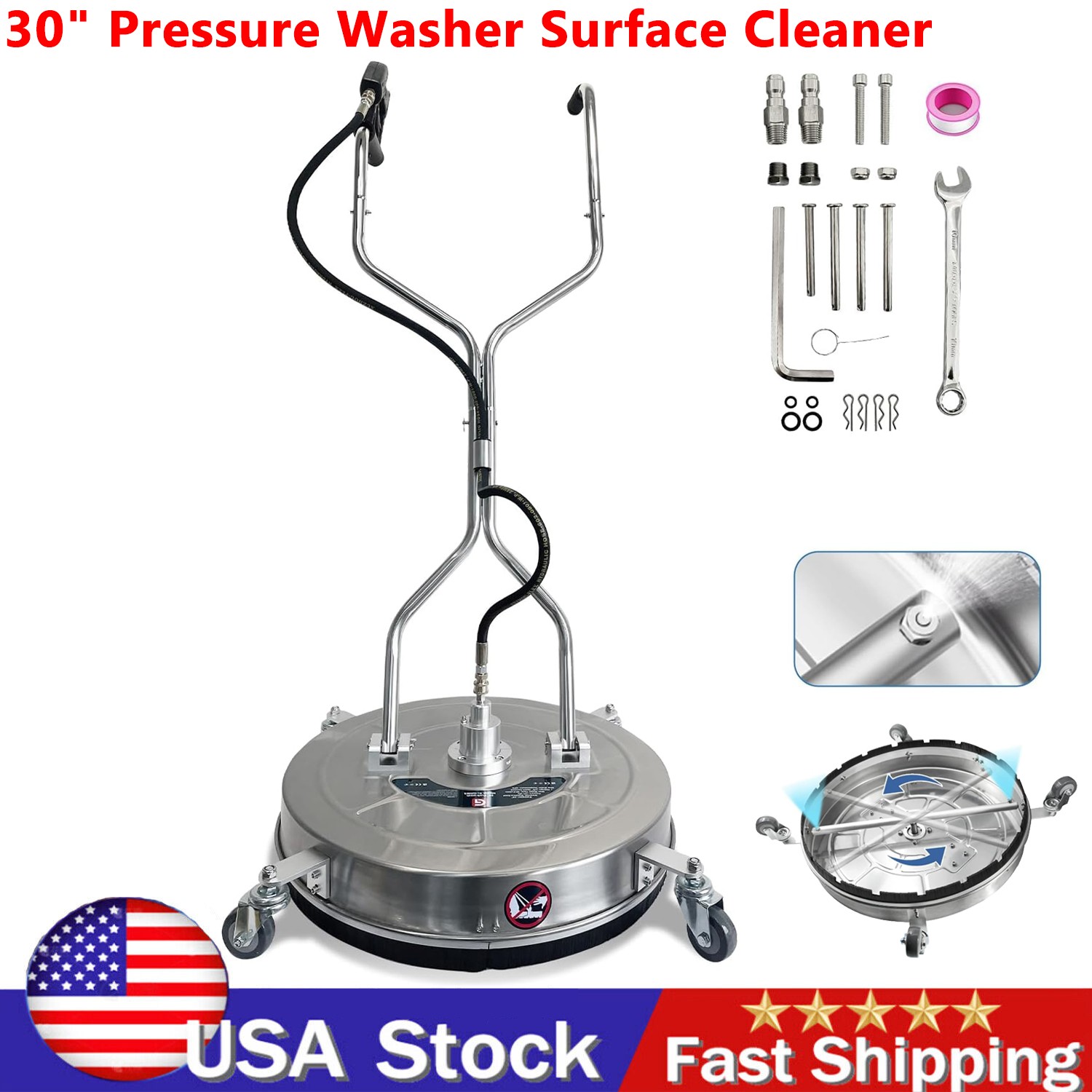 30″ Pressure Washer Surface Cleaner Dual Handle Power Washer with Wheel 5200 PSI