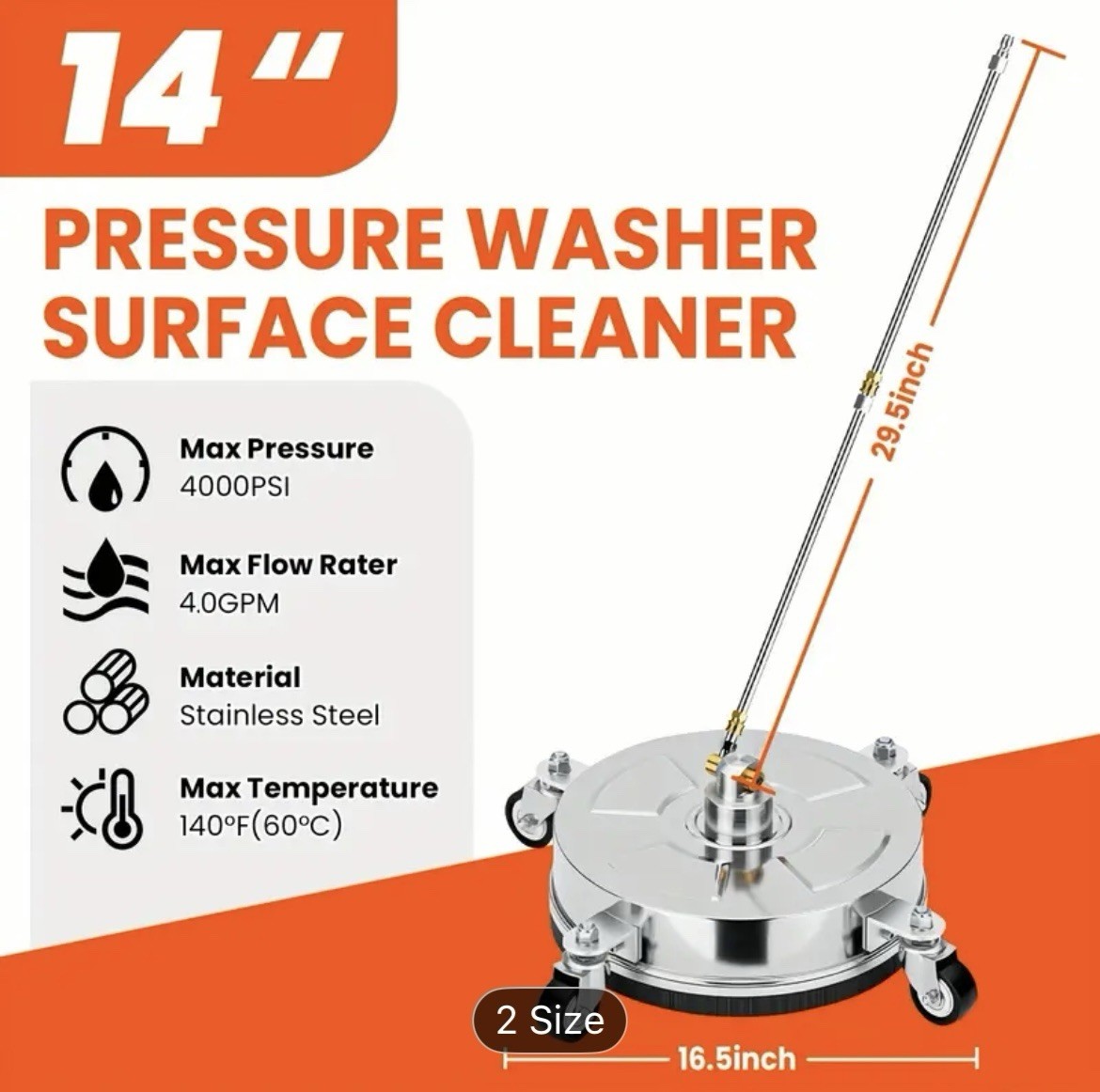 14” Pressure Washer SURFACE CLEANER• 4,000 PSI Stainless Steel Sprayer On Wheels