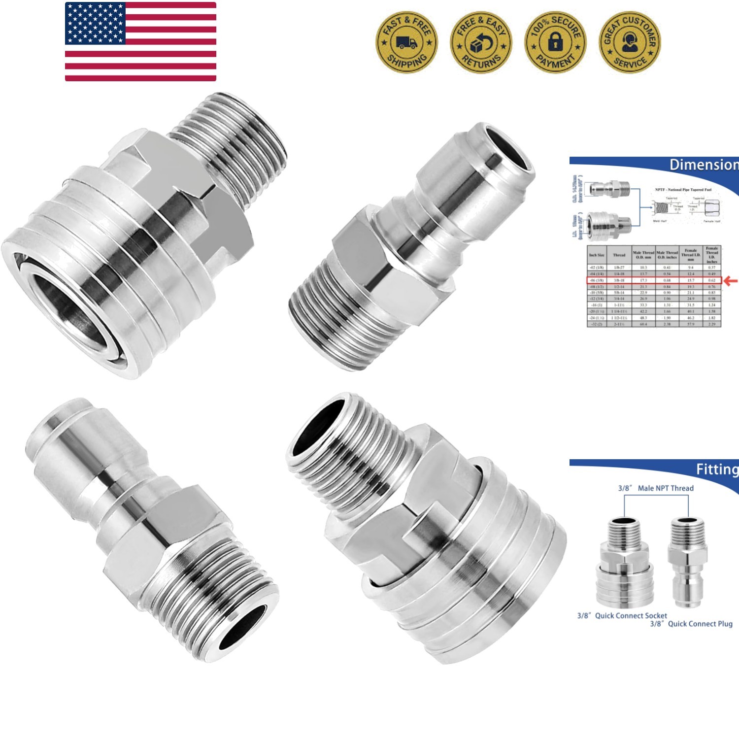 Ball Valve Pressure Washer Adapter Set, 2 Sets 3/8″ Quick Connect Fittings, M…