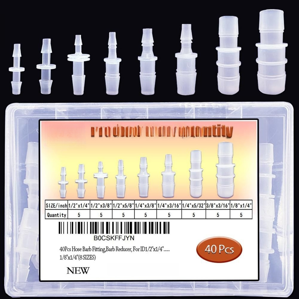 40pcs Polypropylene Hose Barb Connectors for Aquarium Tubing 8 Size Variants