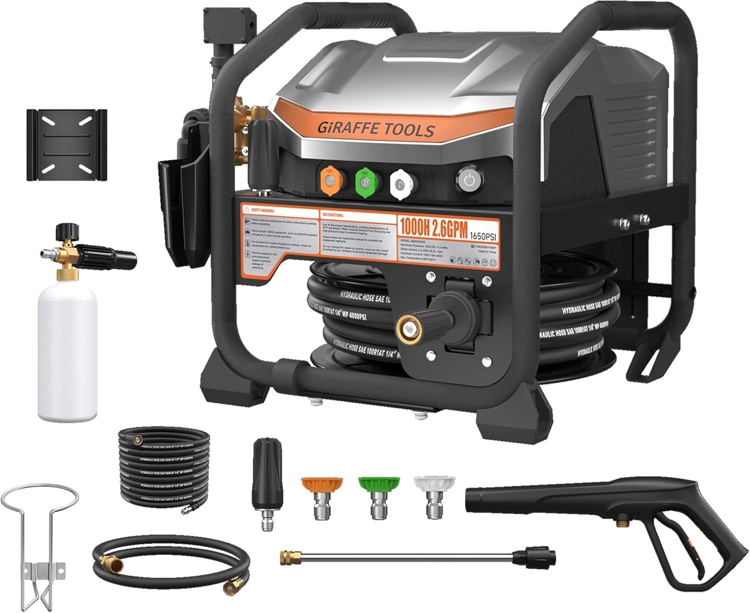 Giraffe Tools Max 2.6 GPM Electric Pressure Power Washer Retractable Hose, 65dB