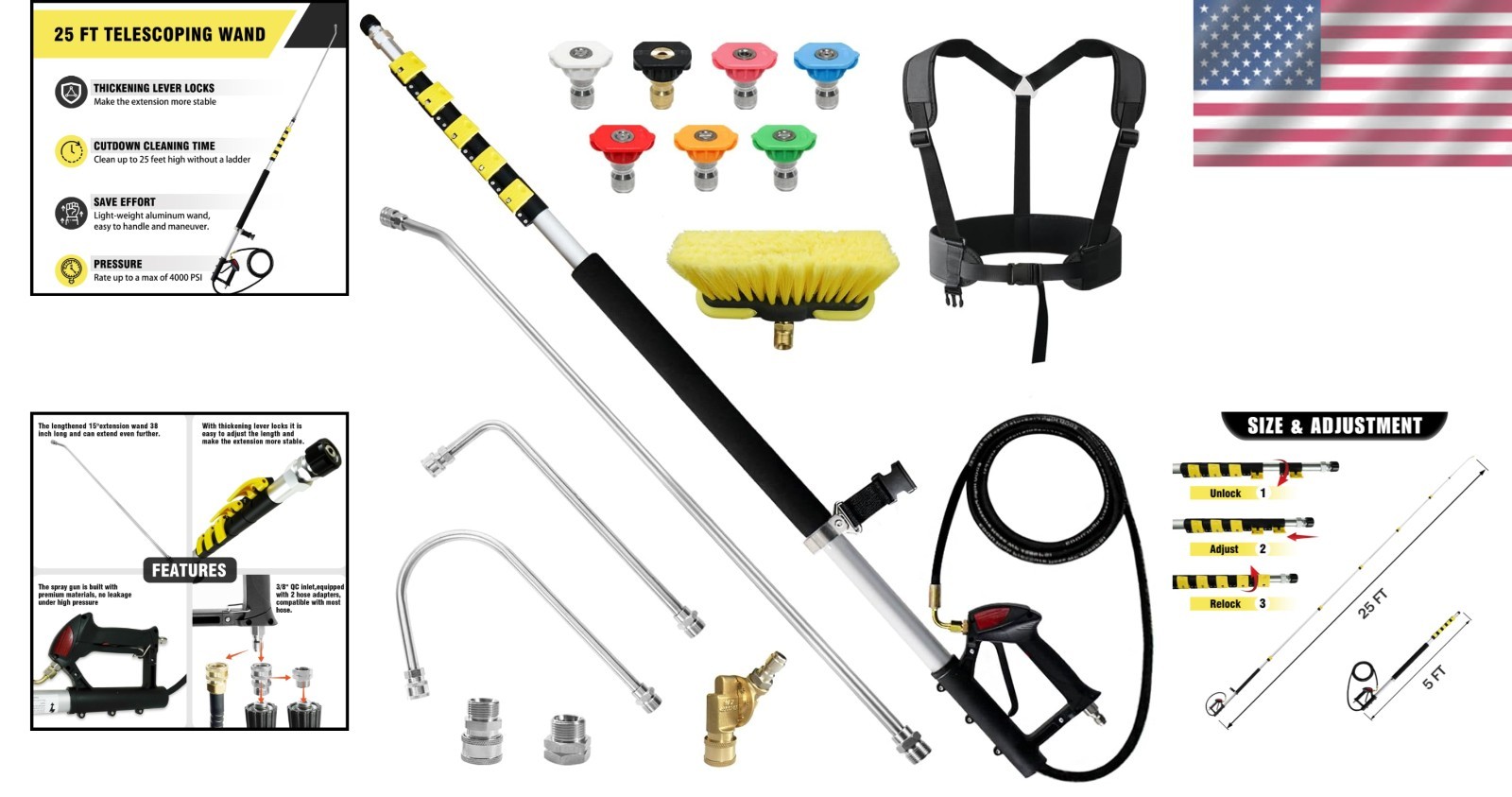 25 FT Telescoping Pressure Washer Wand with 7 Spray Nozzle Tips and Brush Head