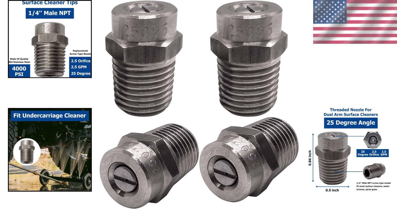 4 Pack of 25025 Stainless Steel Surface Cleaner Nozzles – 4000 PSI, 2.5 Orifice