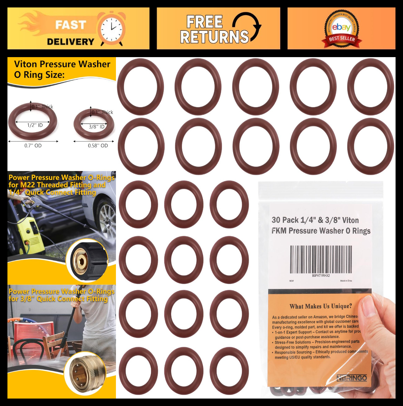 30 Pack Pressure Washer O Rings – Viton FKM Seals for 1/4″ & 3/8″ Couplers