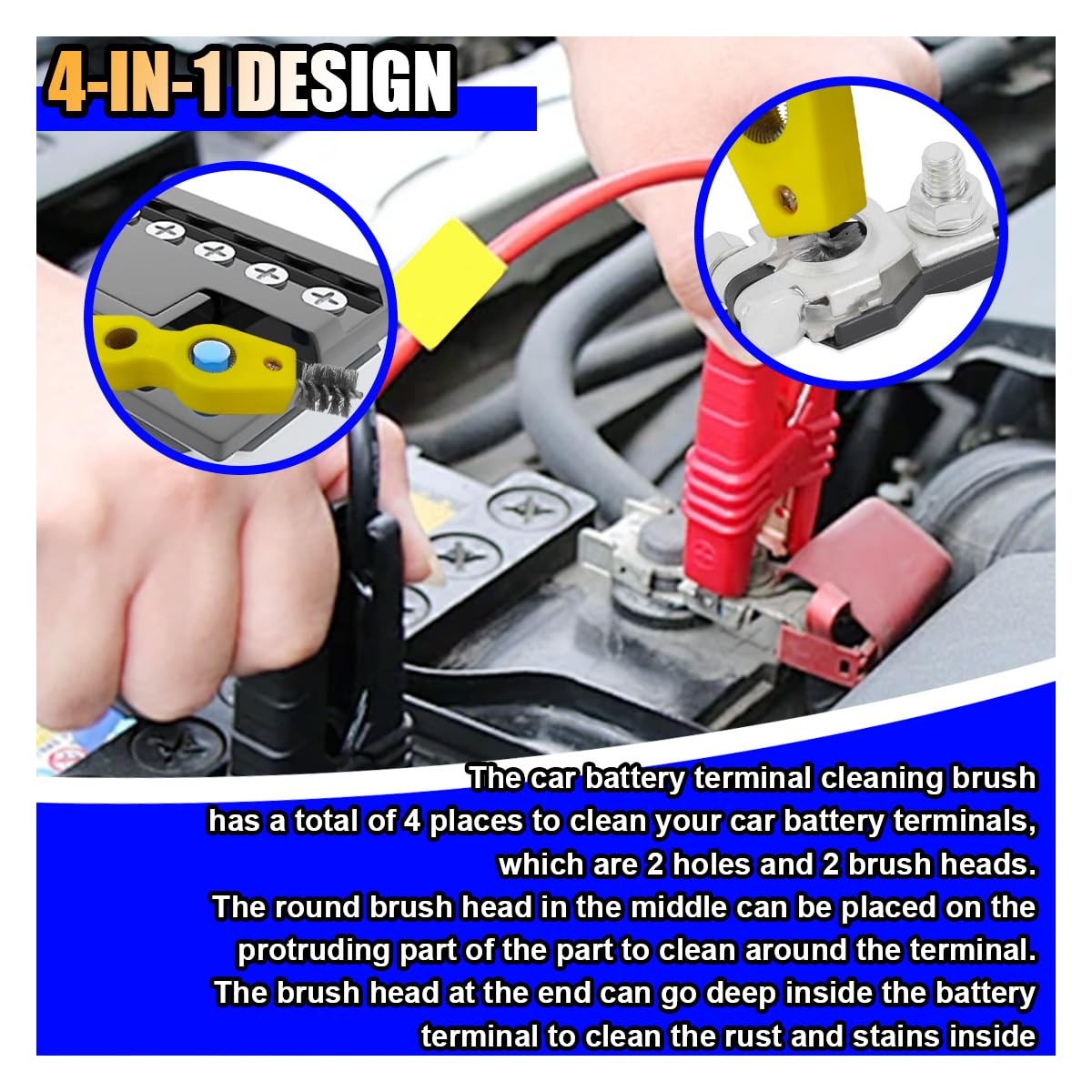 4 in 1 Car Battery Terminal Cleaner, Post 1PC, Yellow