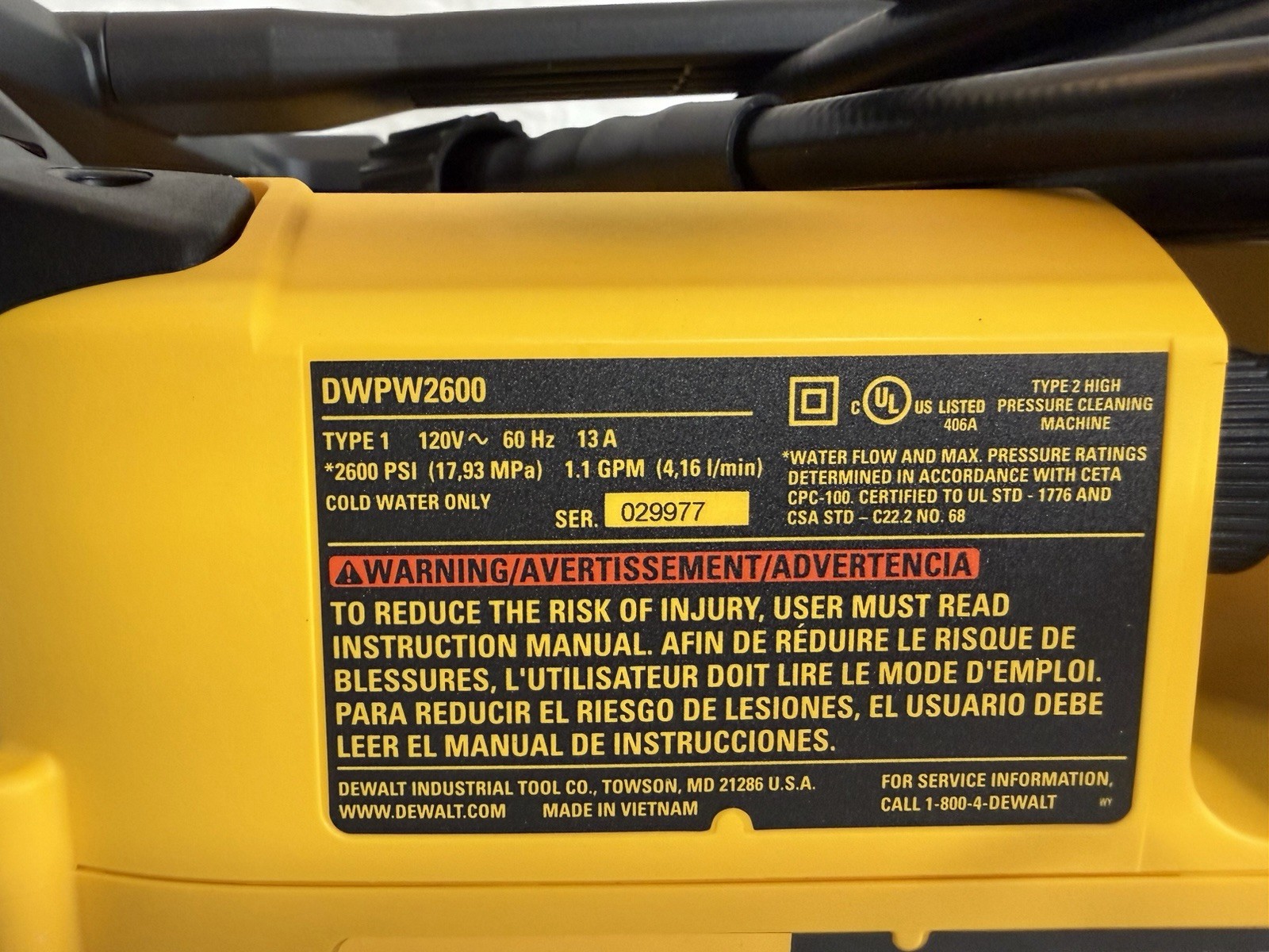 PARTS OR REPAIR – DeWalt 13 Amp Jobsite Electric Pressure Washer DWPW2600