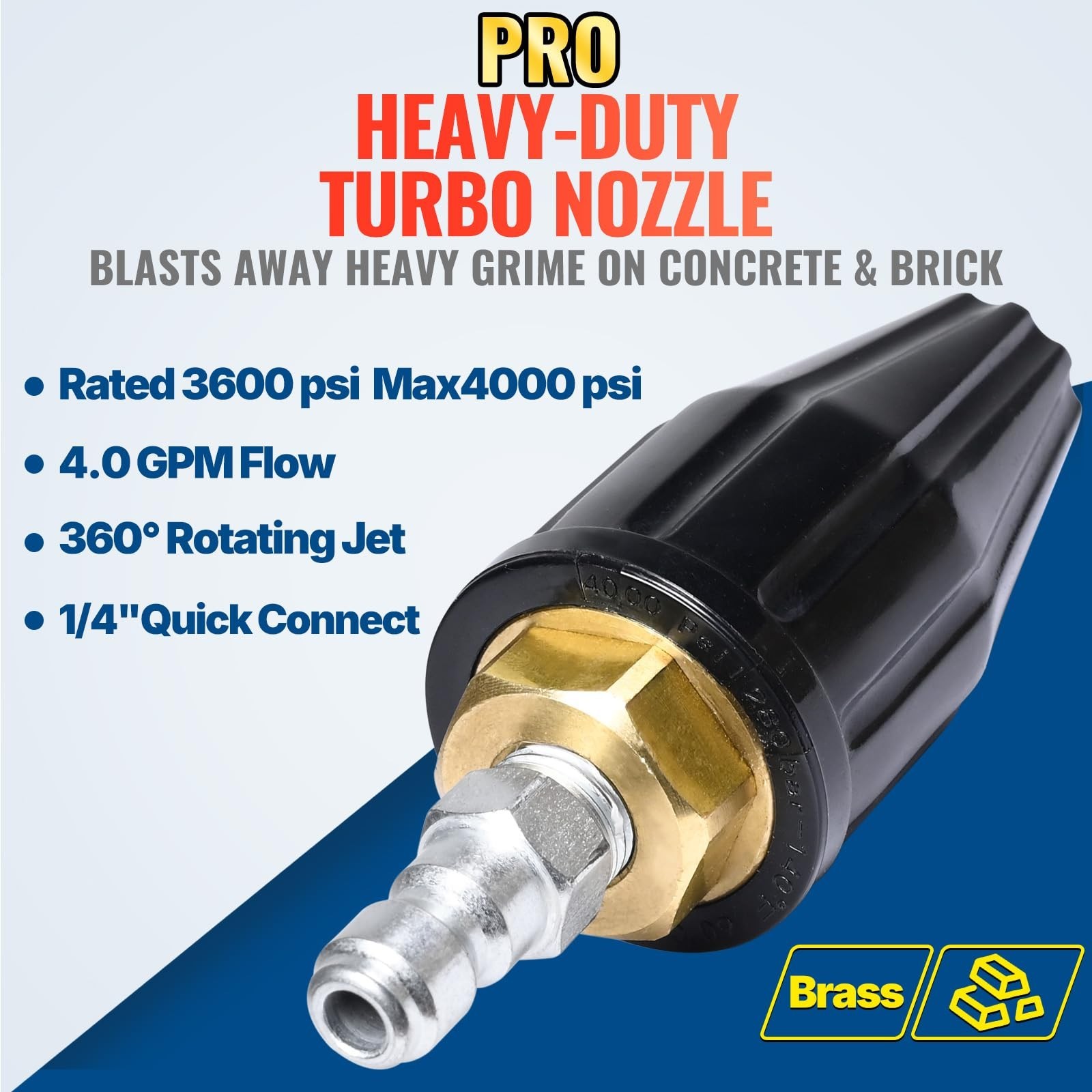Turbo Nozzle Pressure Washer Tips 3600 PSI Max, 360° Rotating Spray Tips, 1/4″ C
