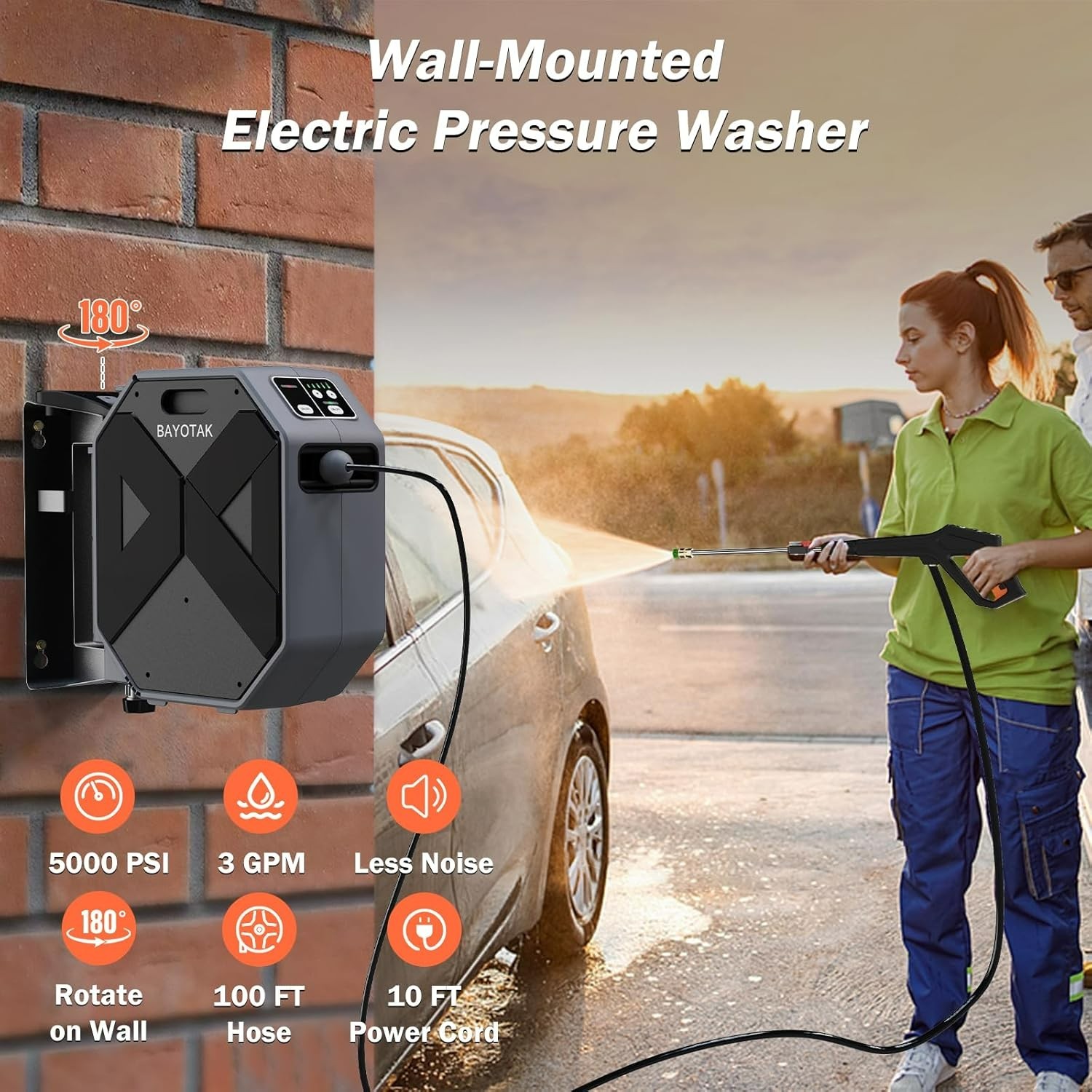 Electric Wall Mounted Power Washer -5000 PSI 3.4 GPM Adjustable Pressure Washer,