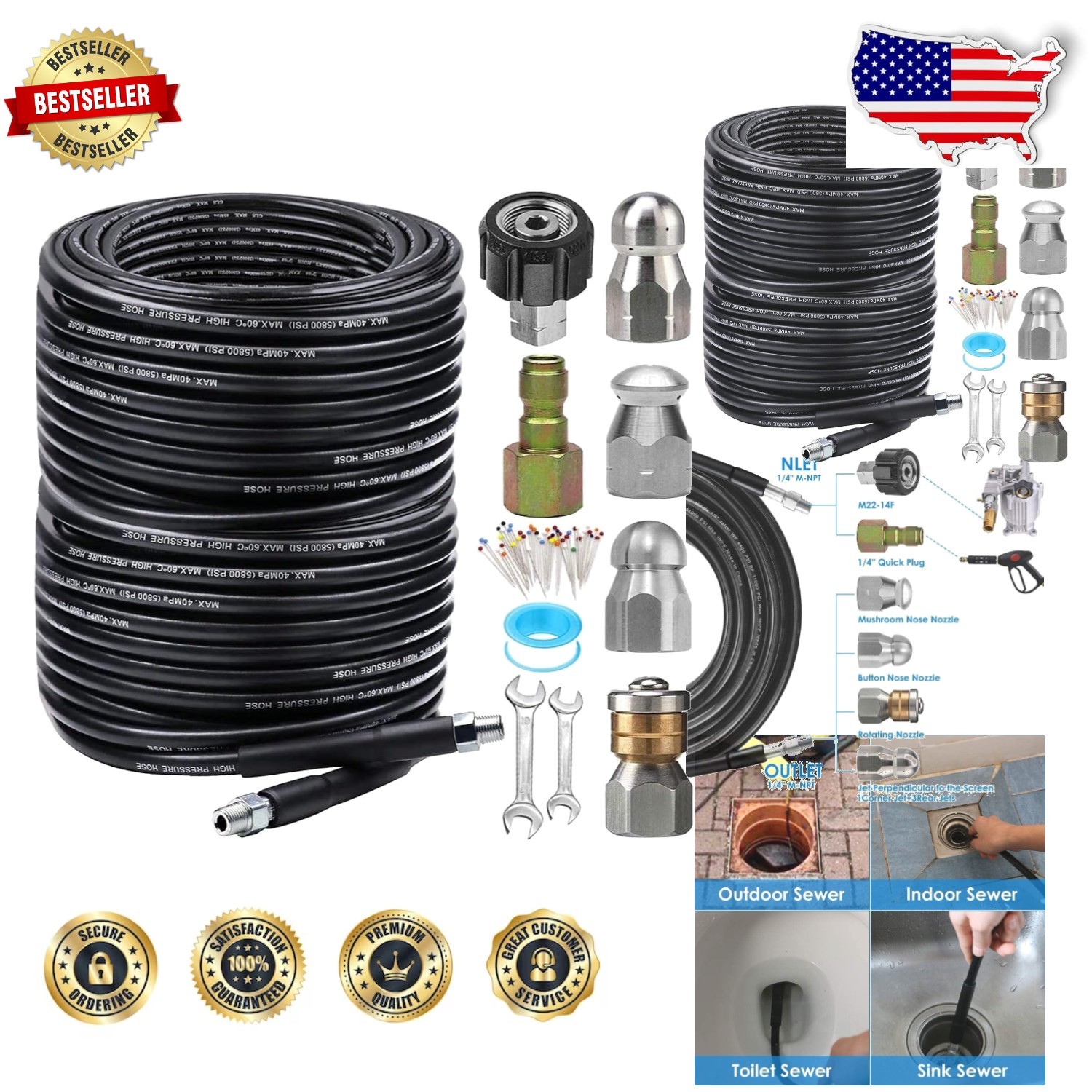 Elite 200ft Sewer Jetter Kit, 5800PSI Drain Cleaner, Quick Connect, 4 Nozzles